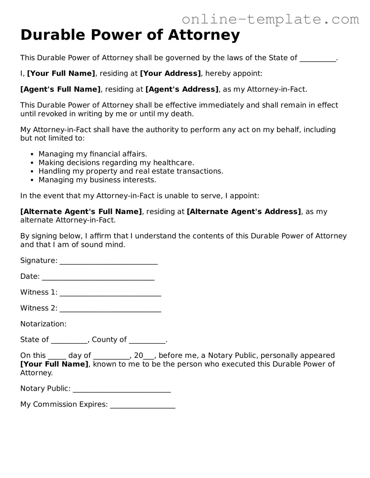 Official Durable Power of Attorney Template
