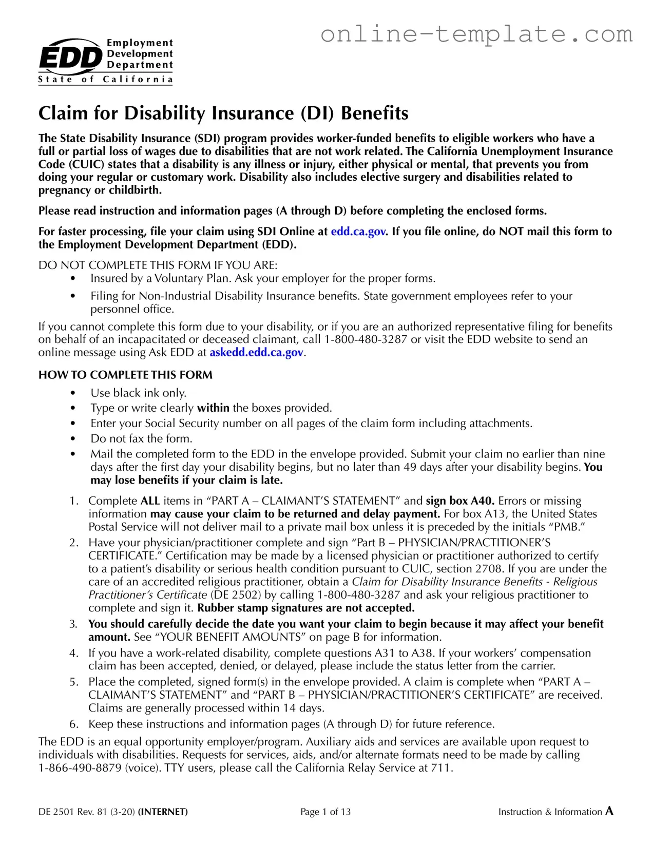 Free EDD DE 2501 PDF Template
