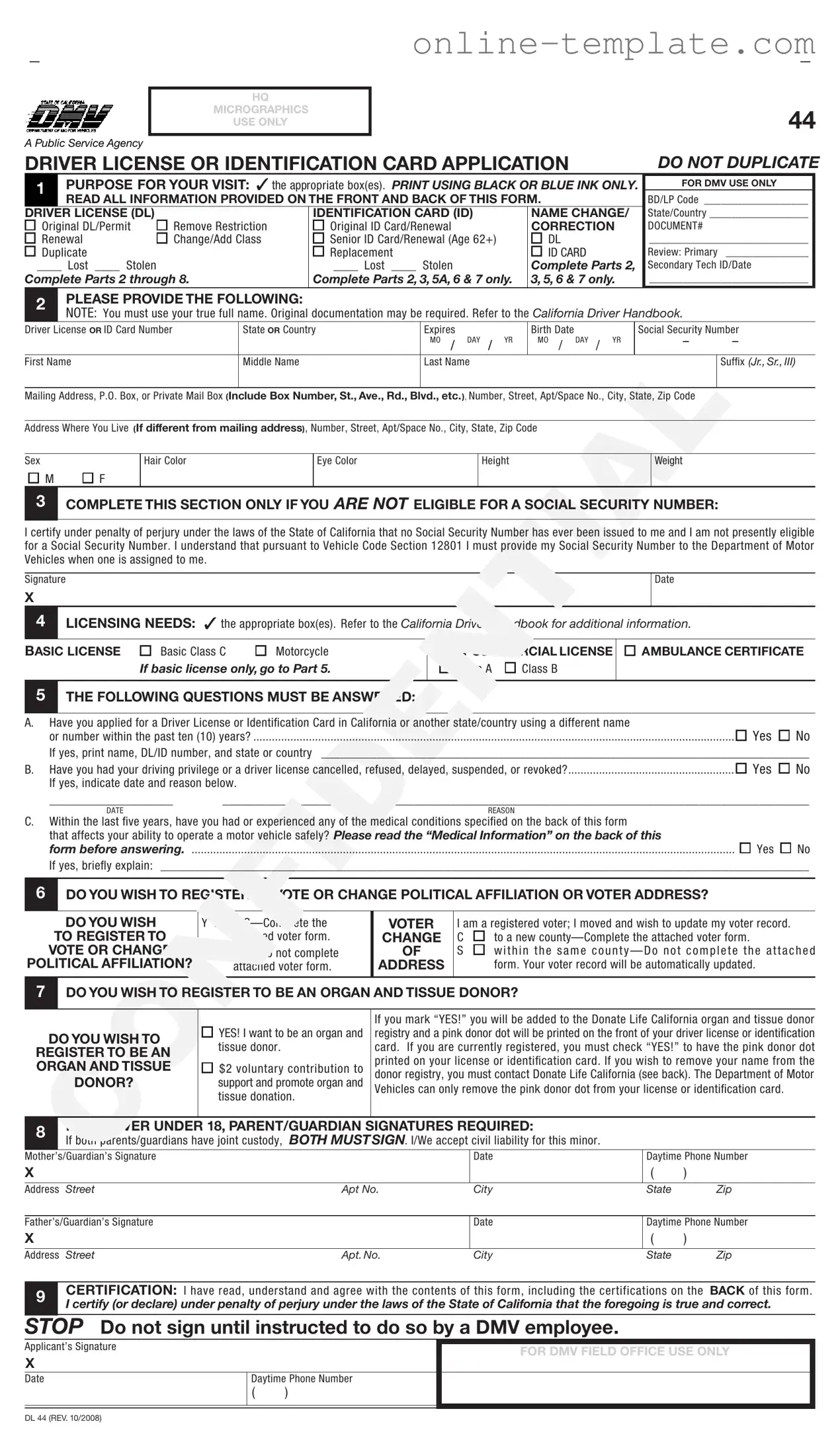 Free Ca Dmv Dl 44 PDF Template