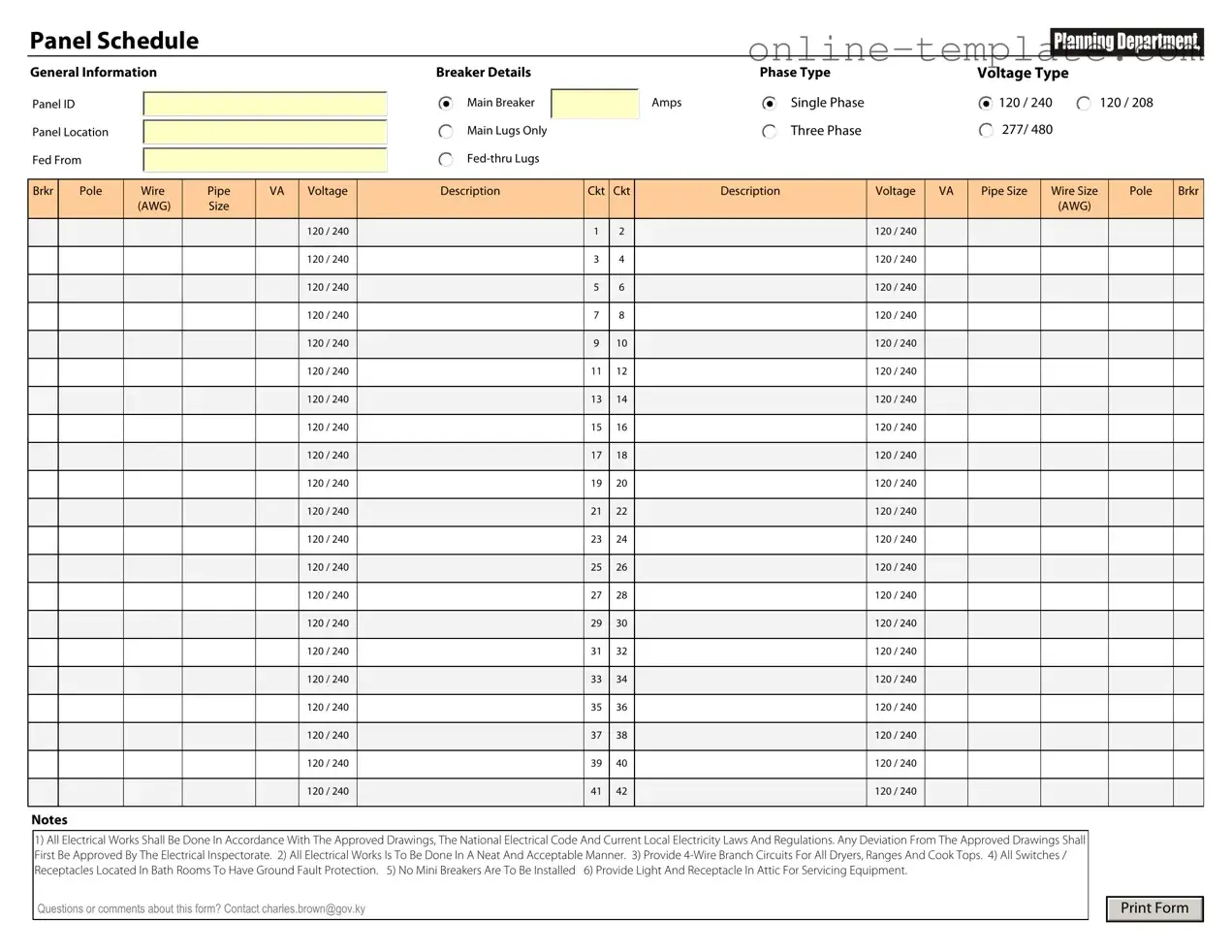 Free Electrical Panel Schedule PDF Template