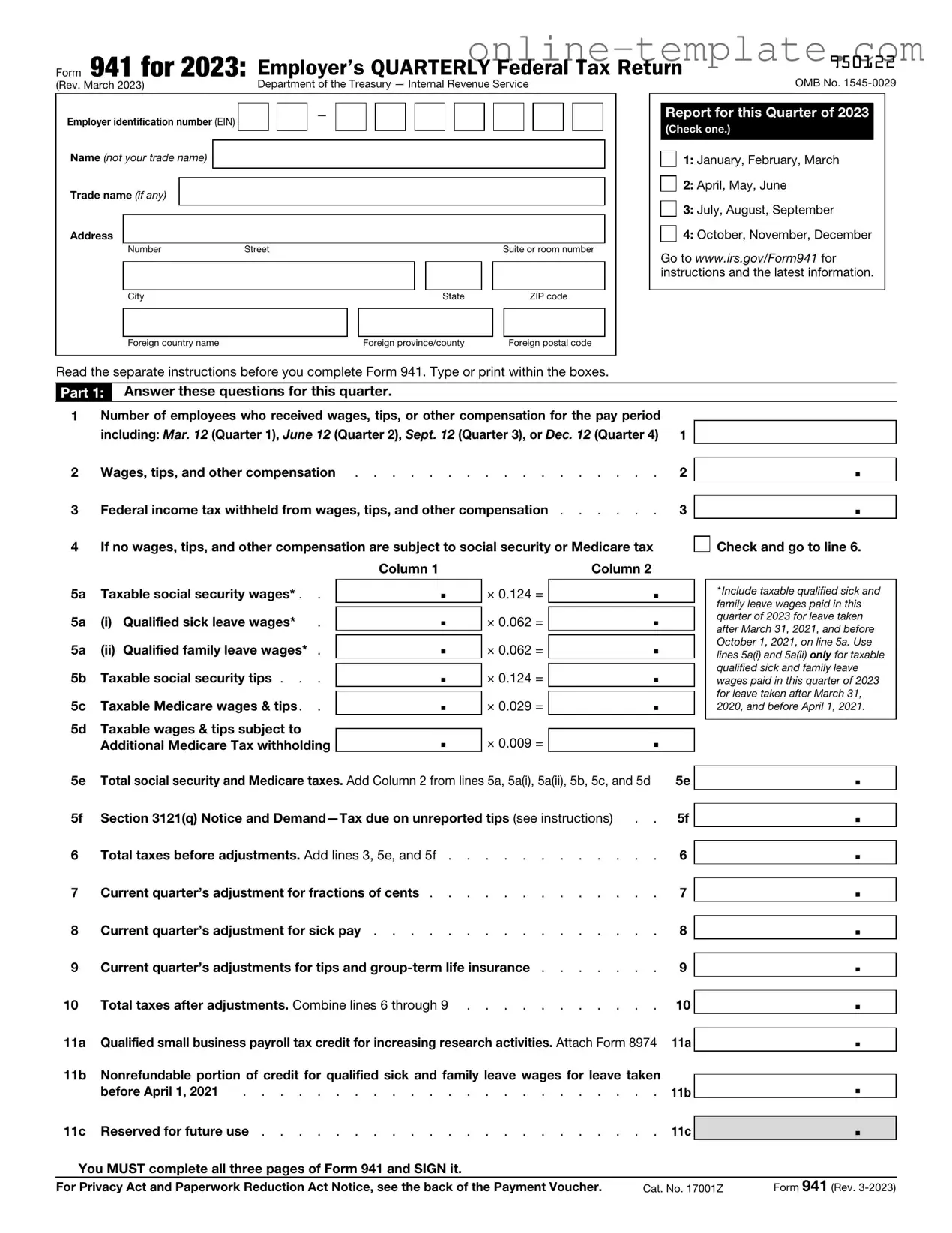 Free IRS 941 PDF Template