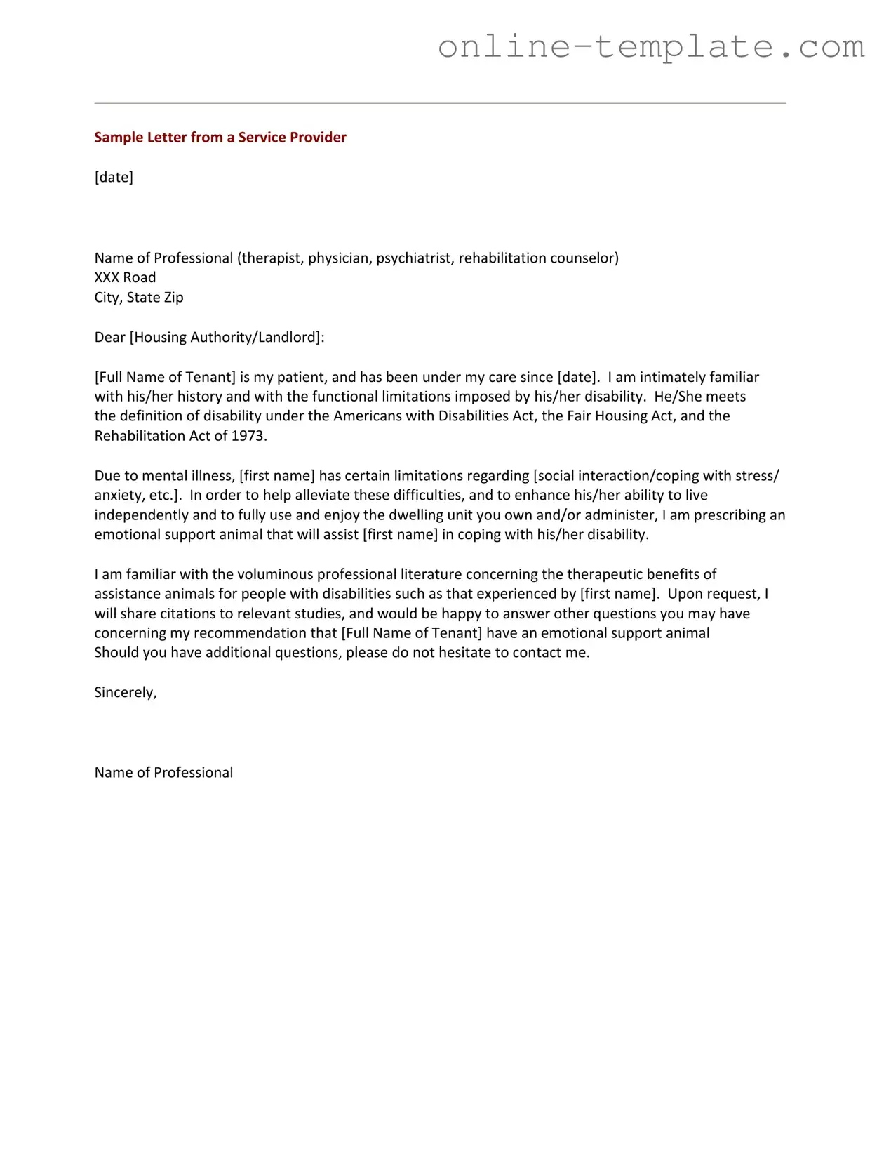 Free Emotional Support Animal Letter PDF Template