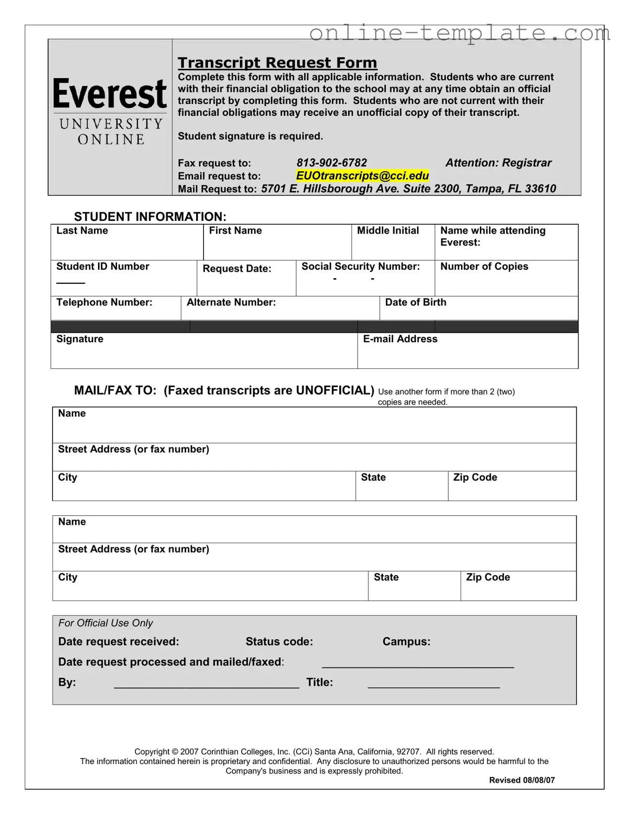 Free Everest University Transcript PDF Template