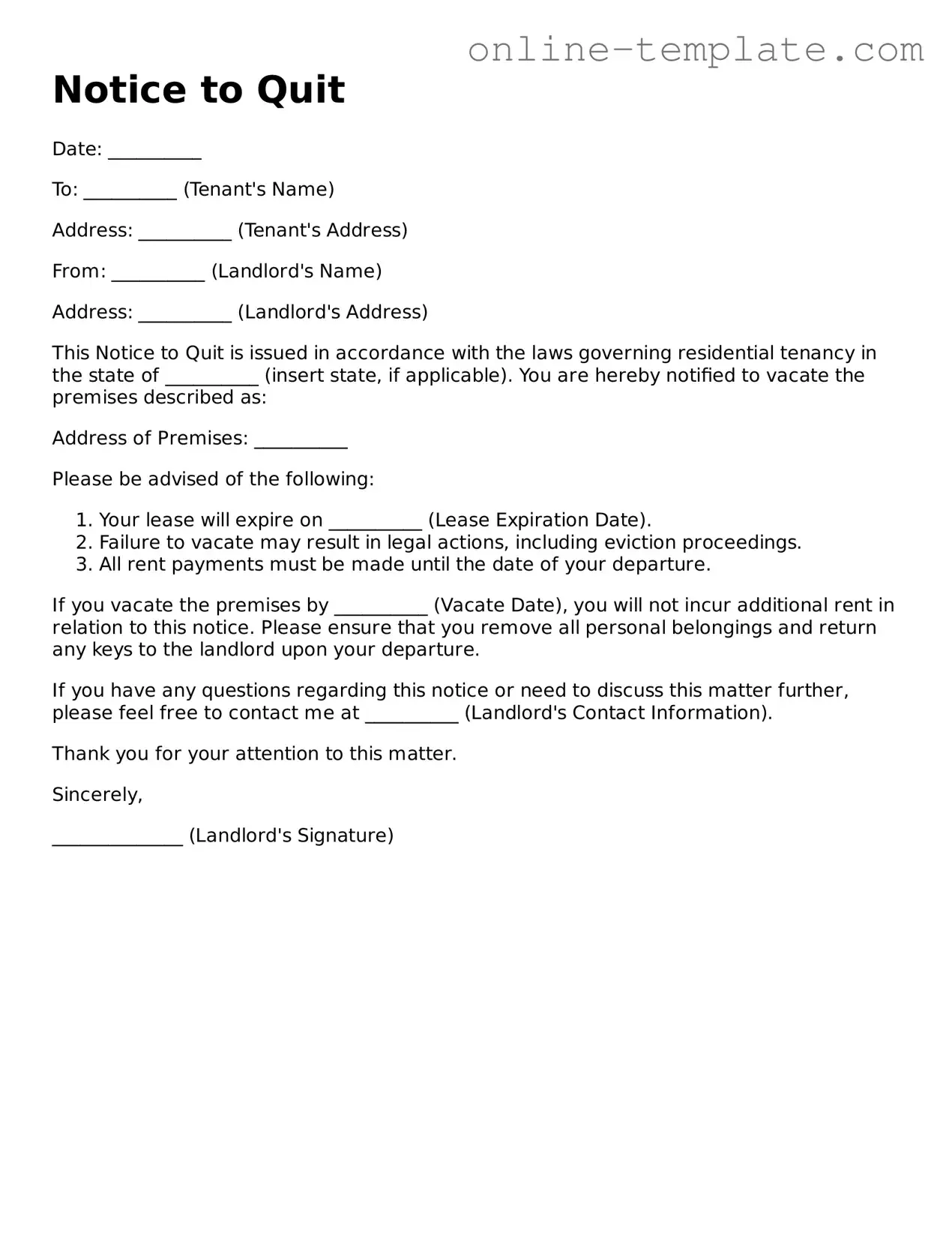 Official Notice to Quit Template