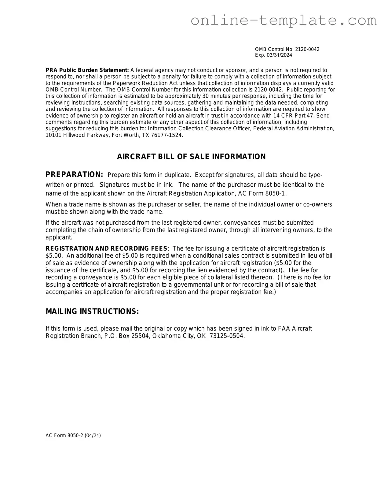 Free Aircraft Bill of Sale AC 8050-2 PDF Template