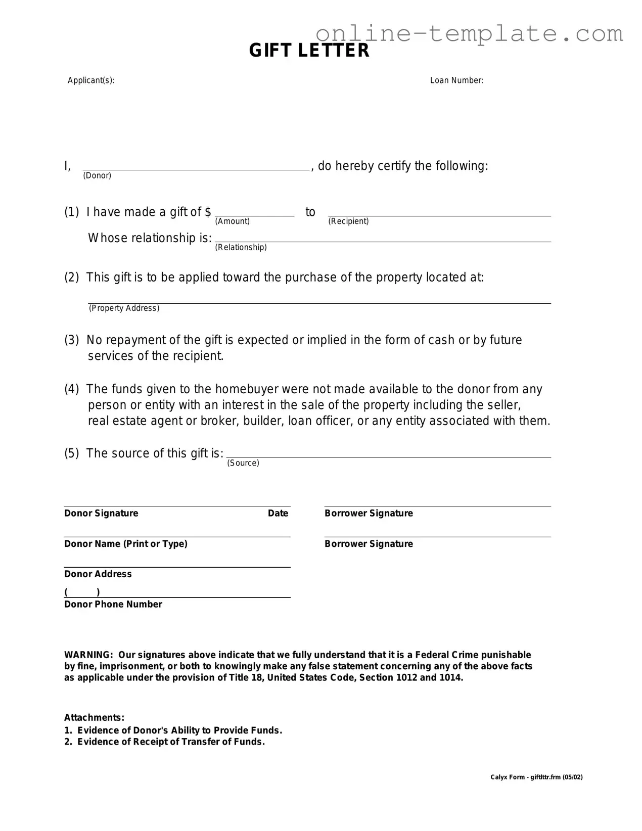 Free Gift Letter PDF Template