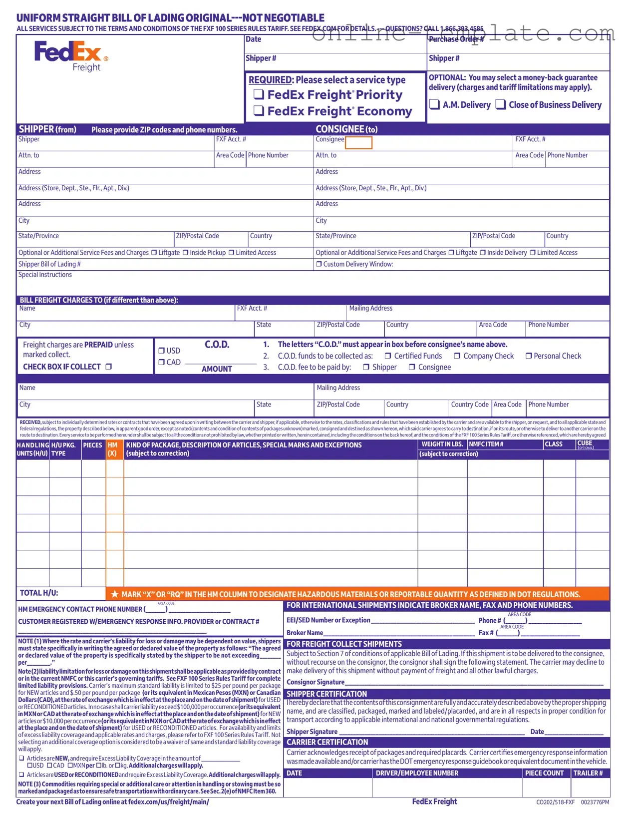 Free Fedex Bill Of Lading PDF Template