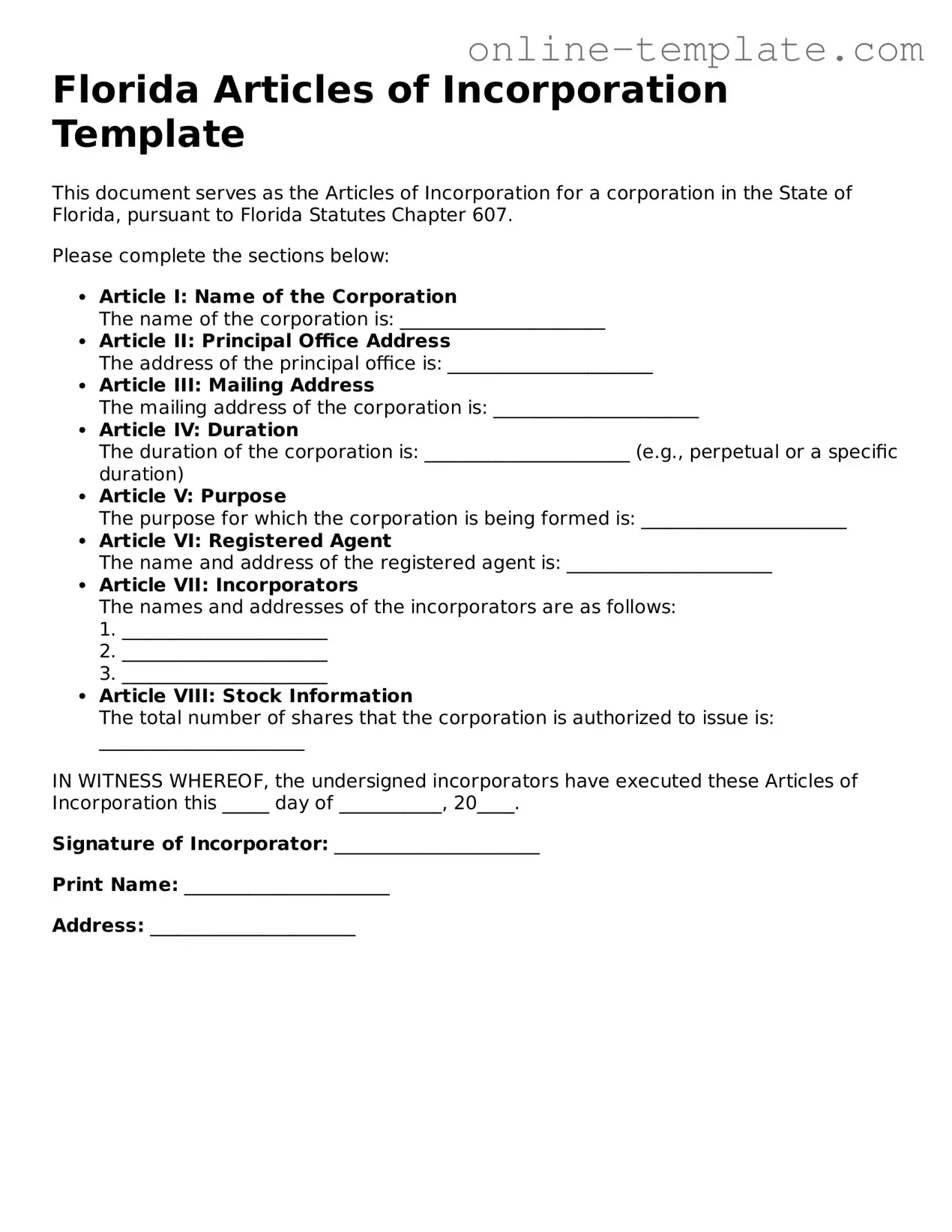 Attorney-Verified  Articles of Incorporation Template for Florida