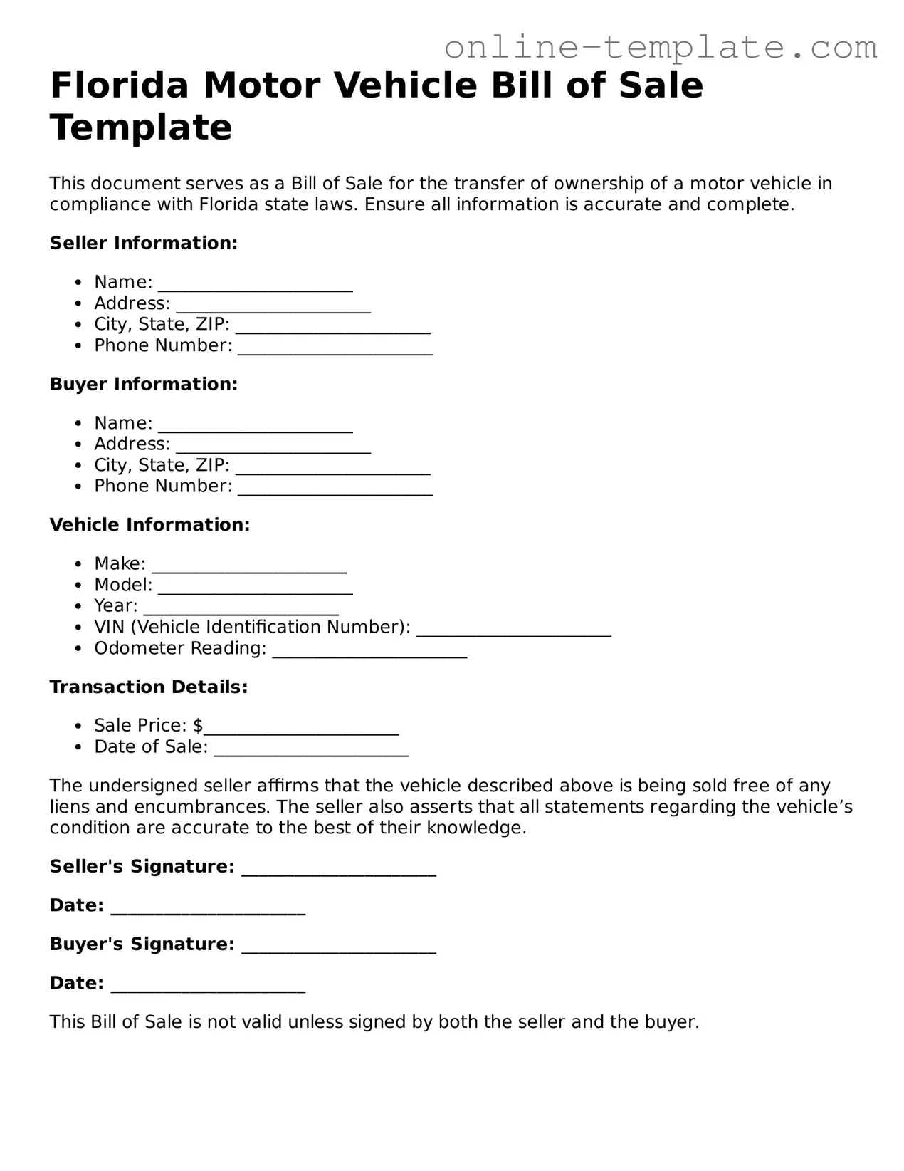 Attorney-Verified  Motor Vehicle Bill of Sale Template for Florida