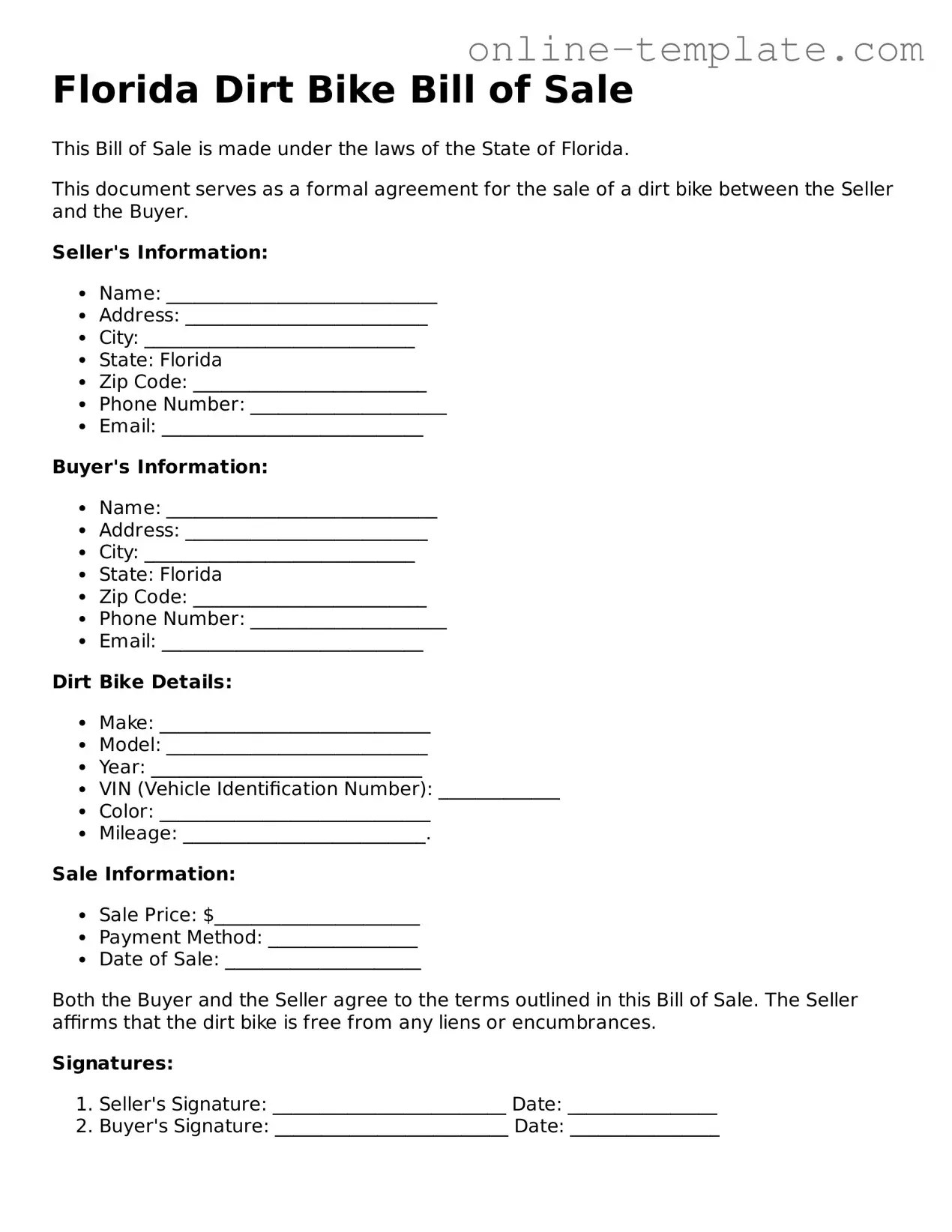 Attorney-Verified  Dirt Bike Bill of Sale Template for Florida