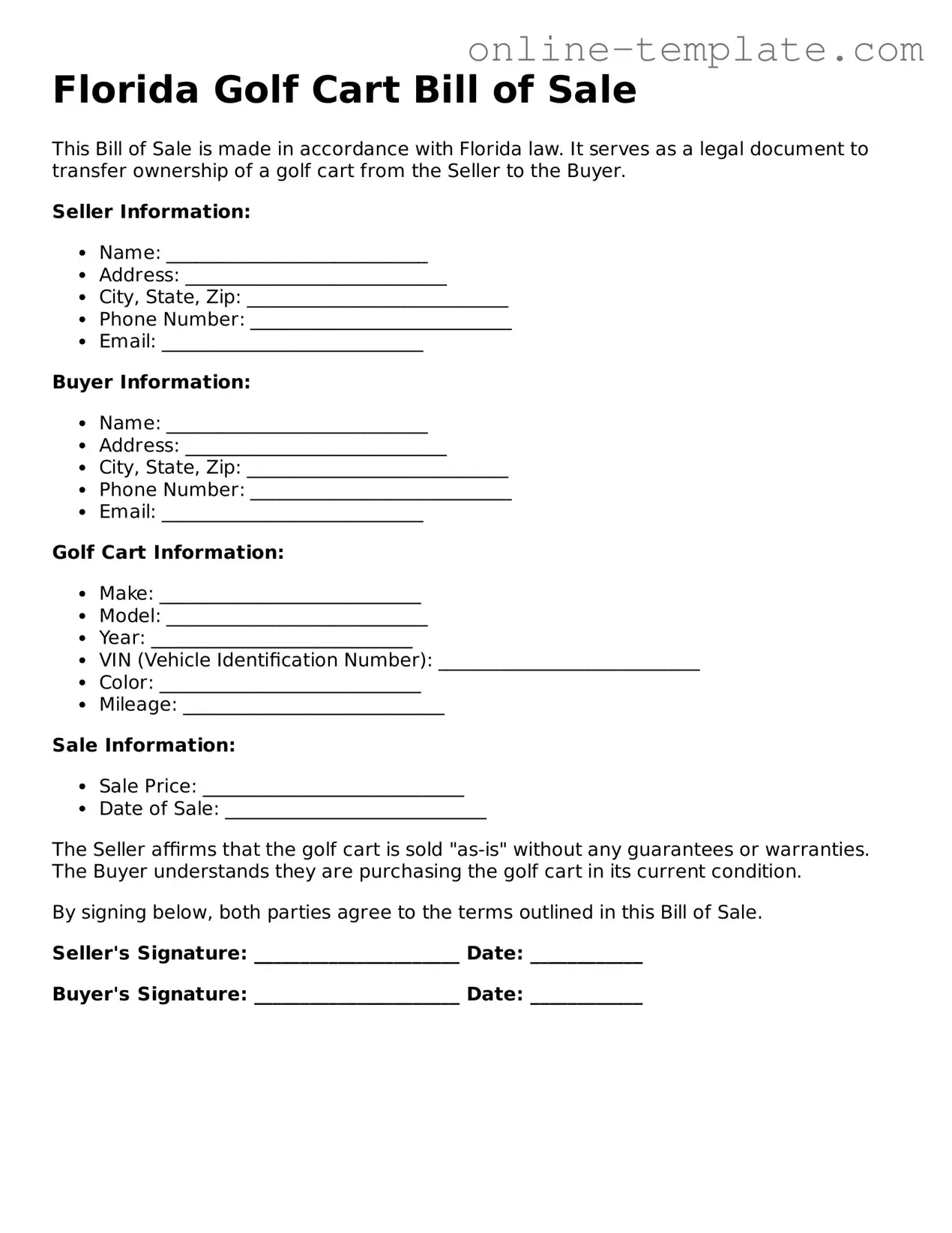 Attorney-Verified  Golf Cart Bill of Sale Template for Florida