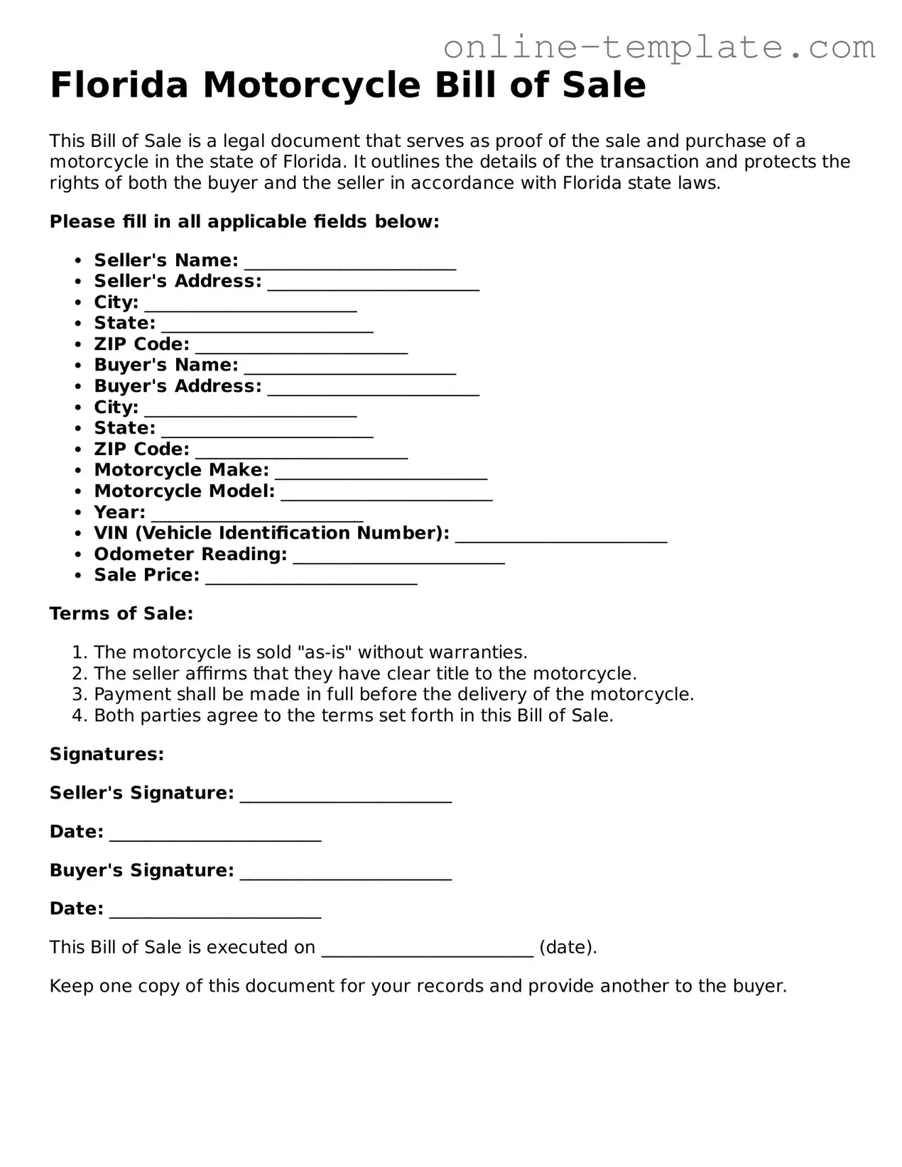Attorney-Verified  Motorcycle Bill of Sale Template for Florida