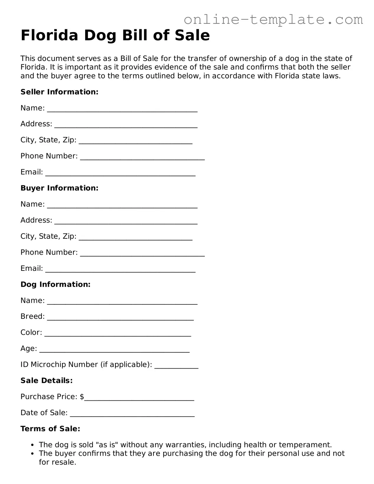 Attorney-Verified  Dog Bill of Sale Template for Florida