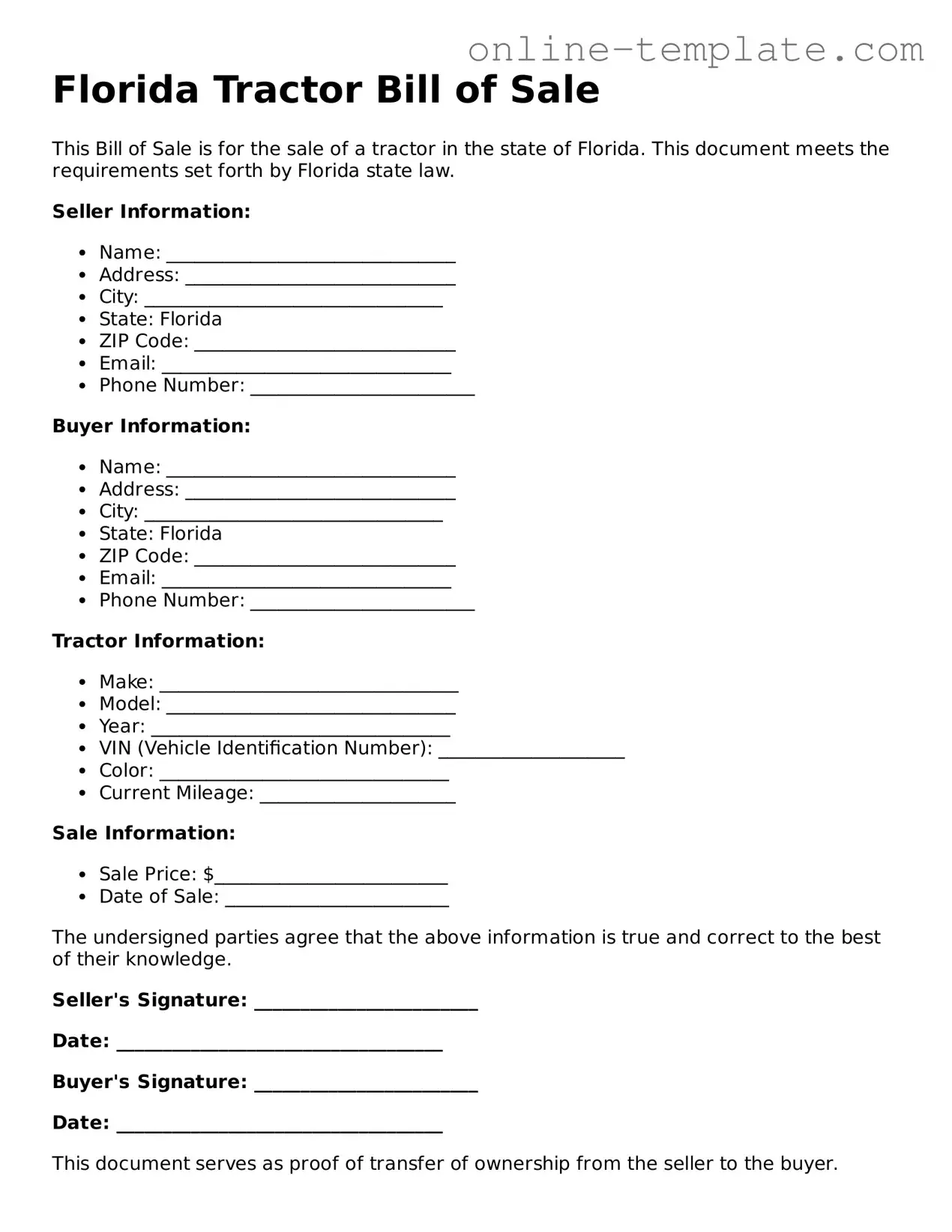 Attorney-Verified  Tractor Bill of Sale Template for Florida
