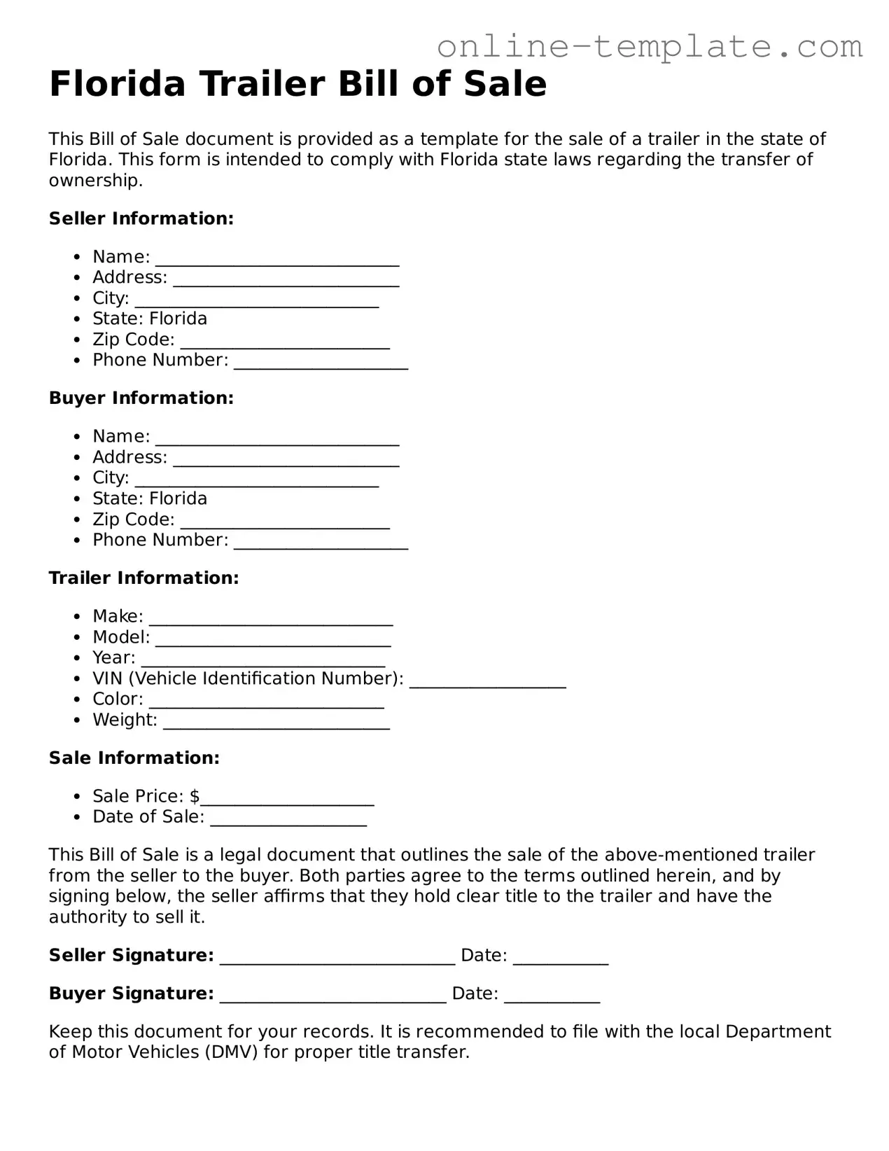 Attorney-Verified  Trailer Bill of Sale Template for Florida