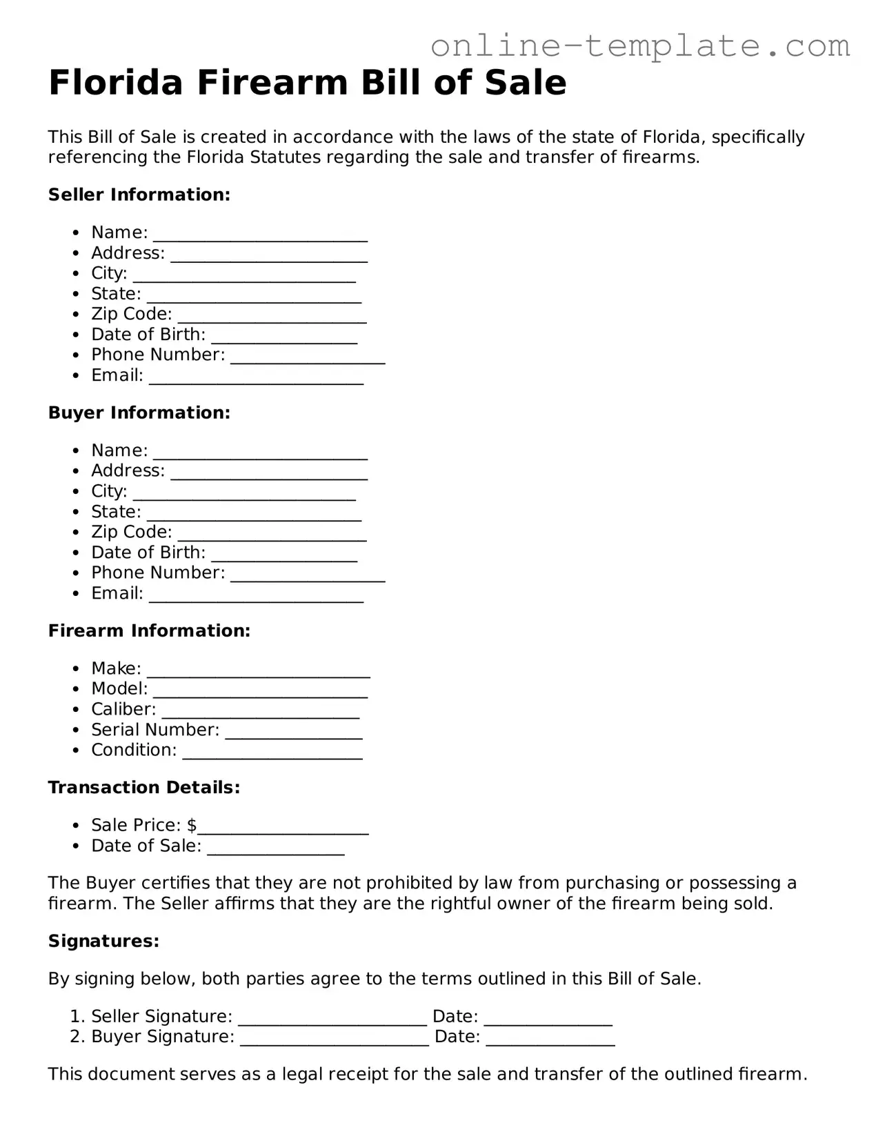 Attorney-Verified  Firearm Bill of Sale Template for Florida