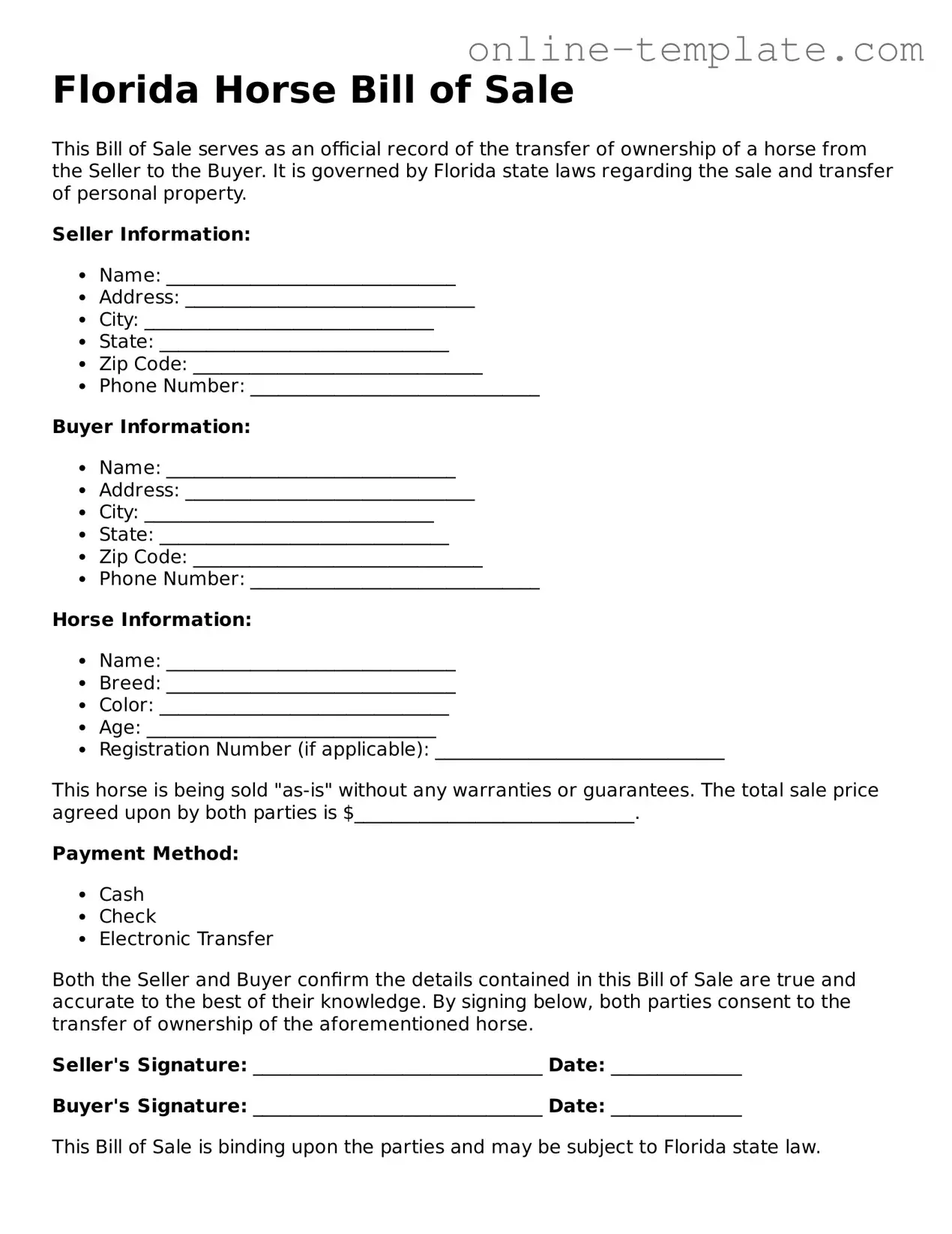 Attorney-Verified  Horse Bill of Sale Template for Florida