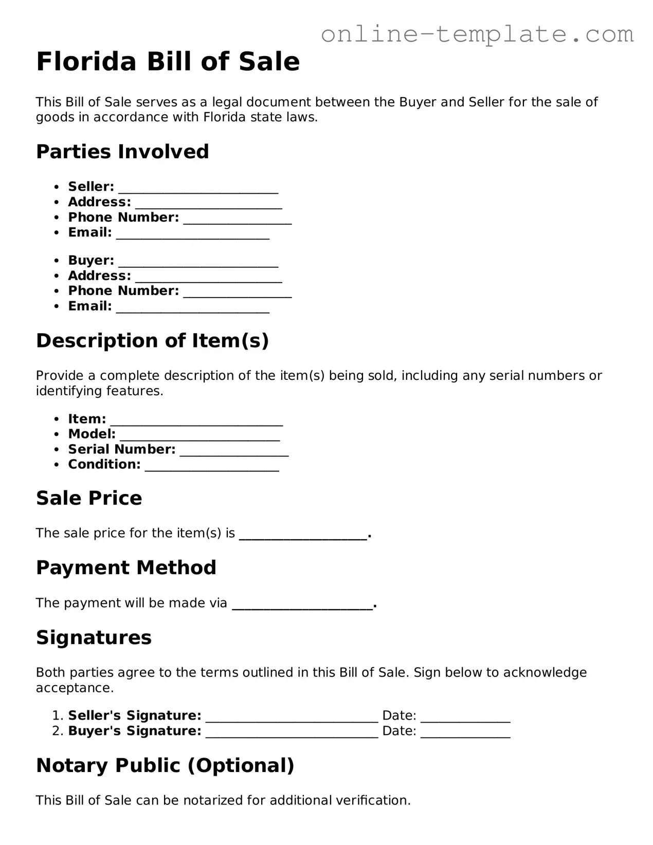 Attorney-Verified  Bill of Sale Template for Florida