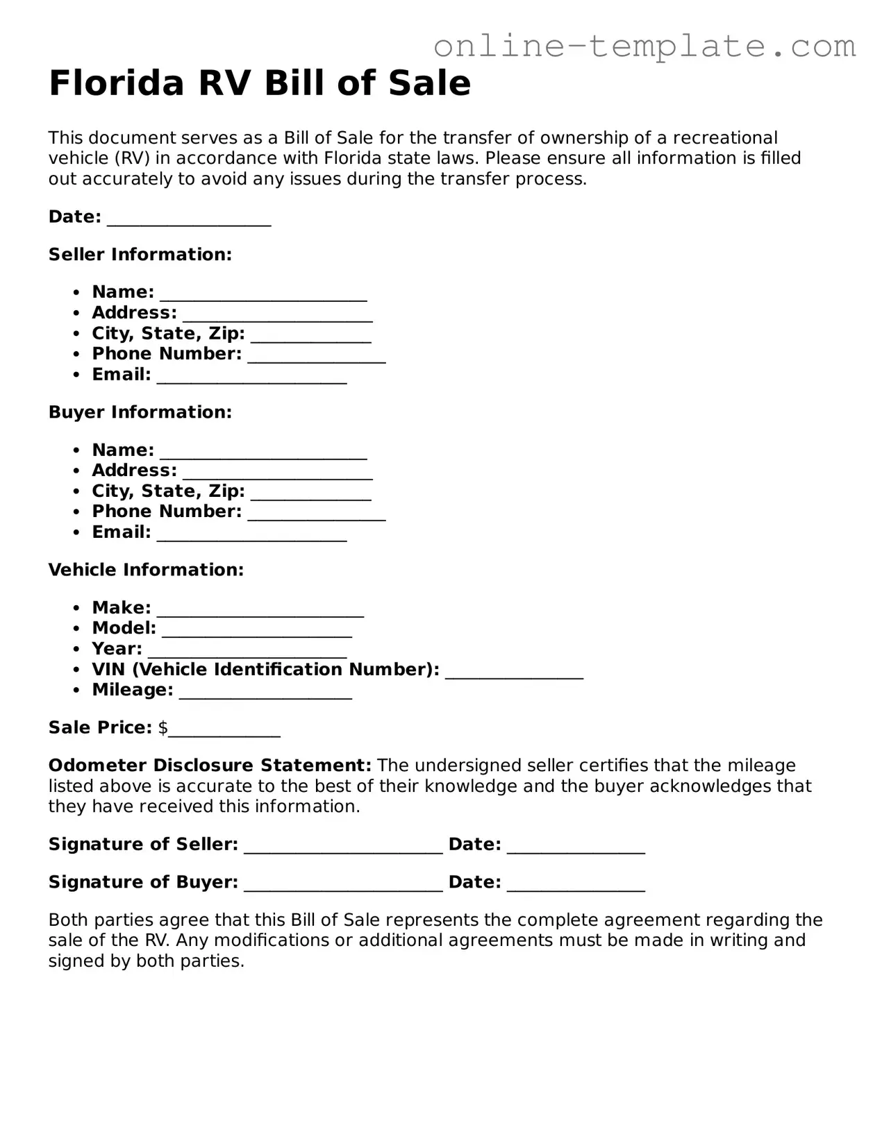 Attorney-Verified  RV Bill of Sale Template for Florida
