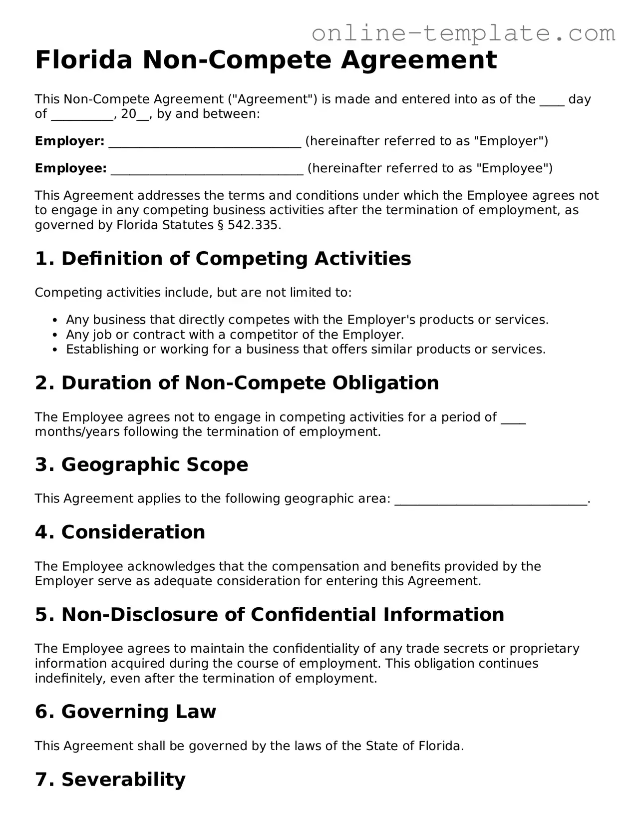 Attorney-Verified  Non-compete Agreement Template for Florida