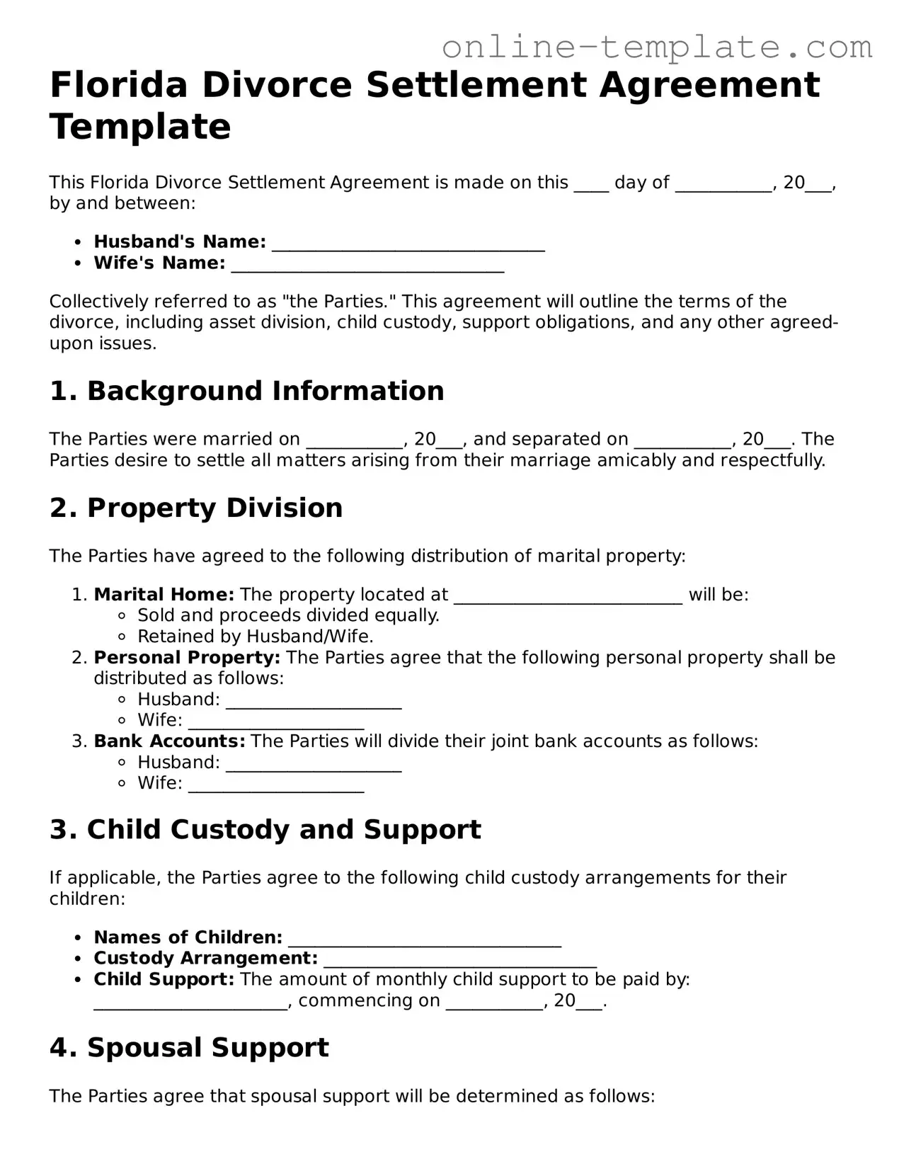 Attorney-Verified  Divorce Settlement Agreement Template for Florida