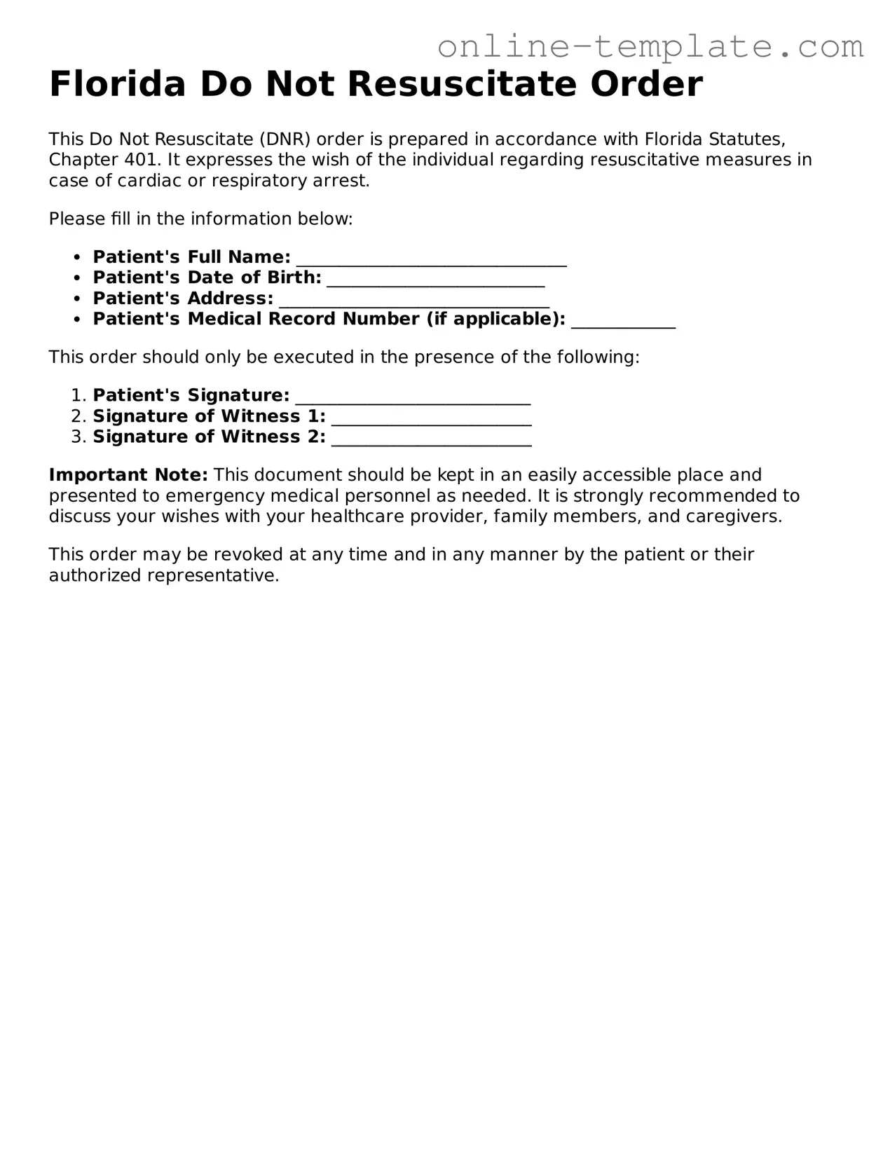 Attorney-Verified  Do Not Resuscitate Order Template for Florida