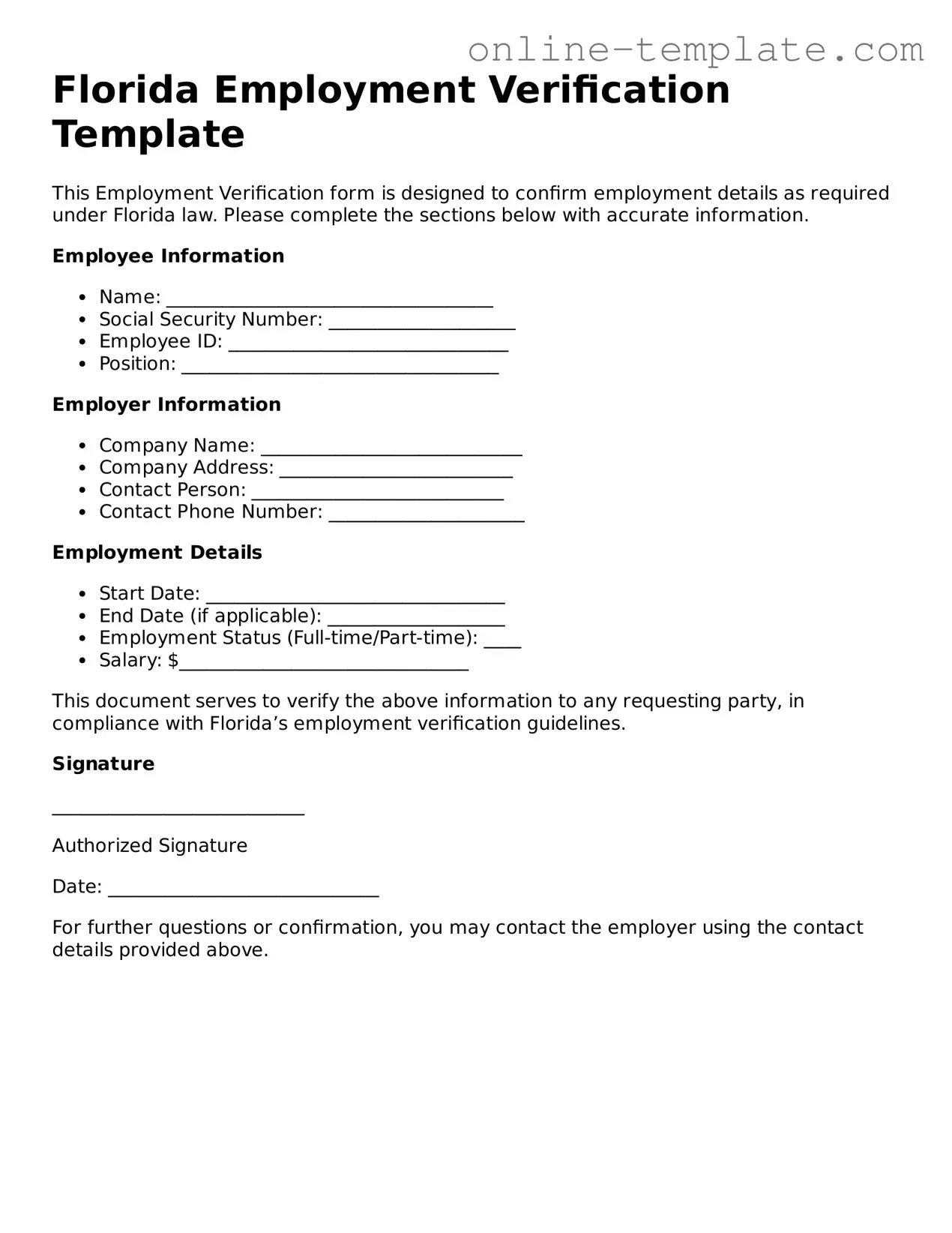 Attorney-Verified  Employment Verification Template for Florida