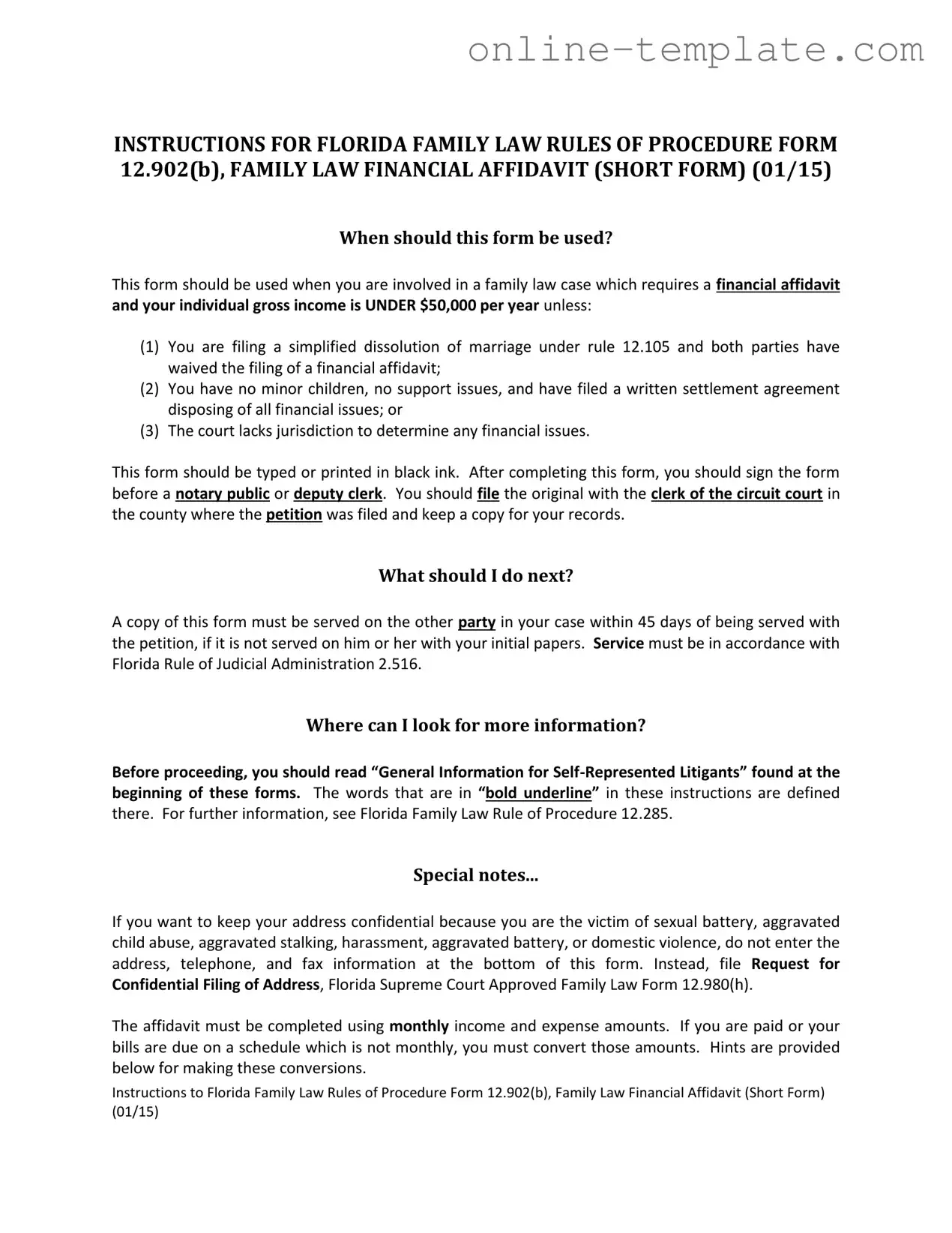 Free Florida Financial Affidavit Short 12.902(b) PDF Template