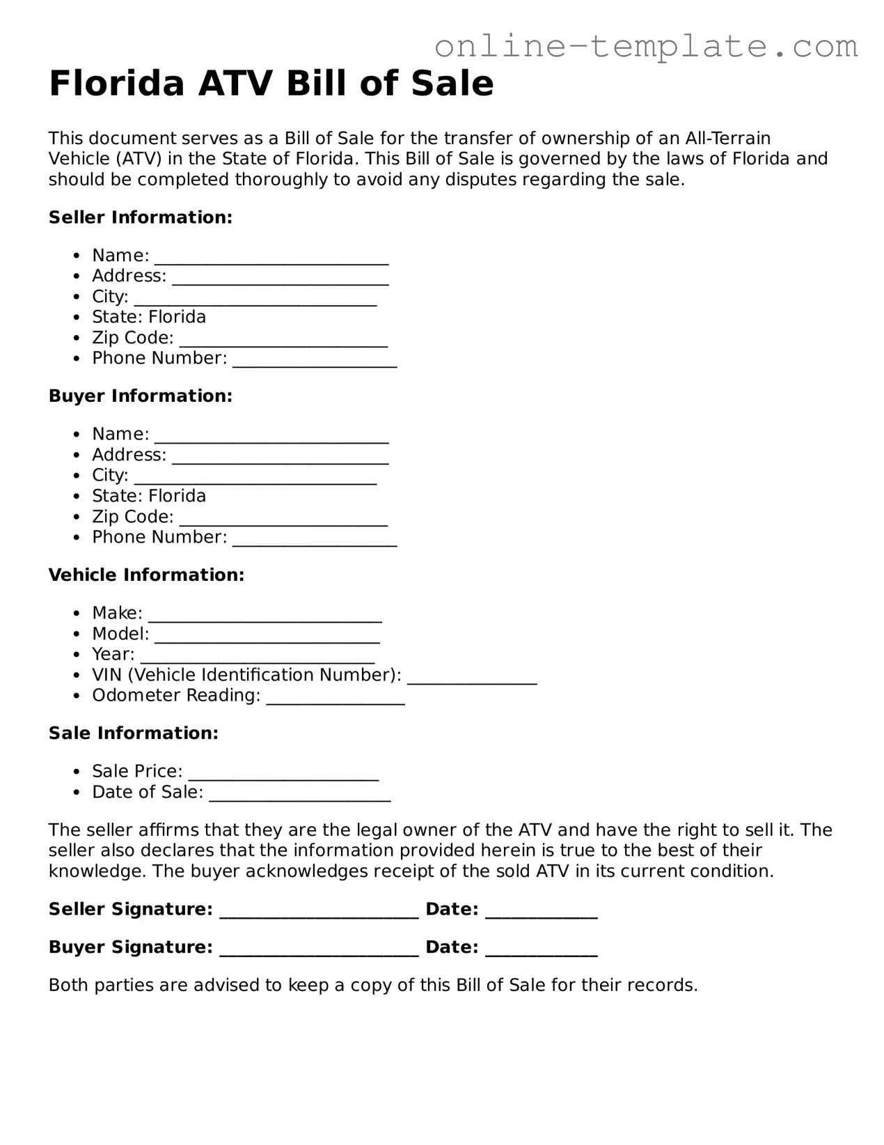 Attorney-Verified  ATV Bill of Sale Template for Florida