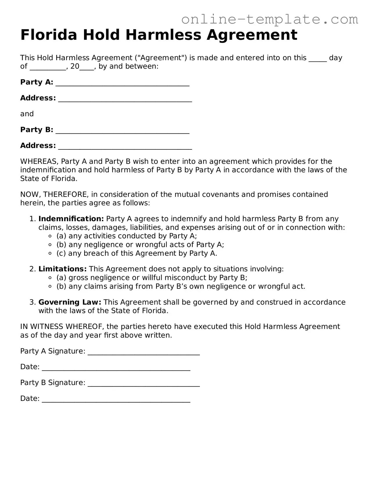 Attorney-Verified  Hold Harmless Agreement Template for Florida