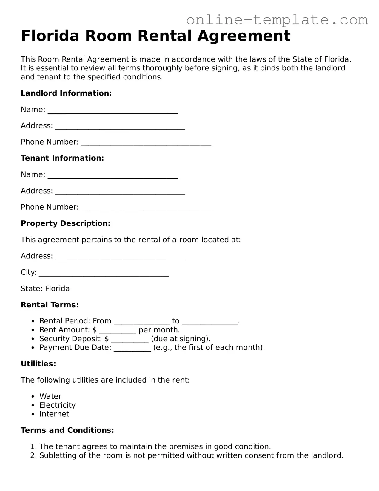 Attorney-Verified  Room Rental Agreement Template for Florida