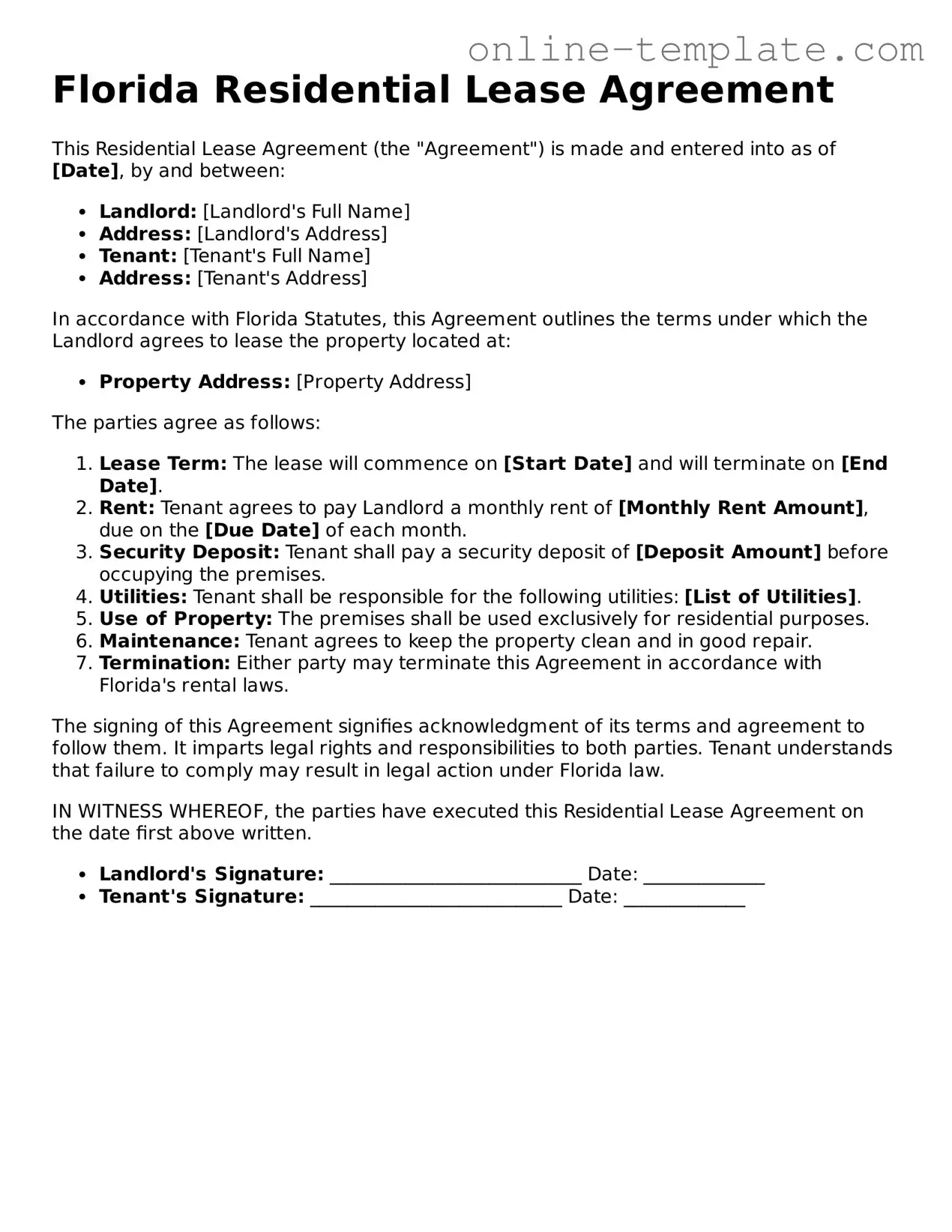 Attorney-Verified  Lease Agreement Template for Florida