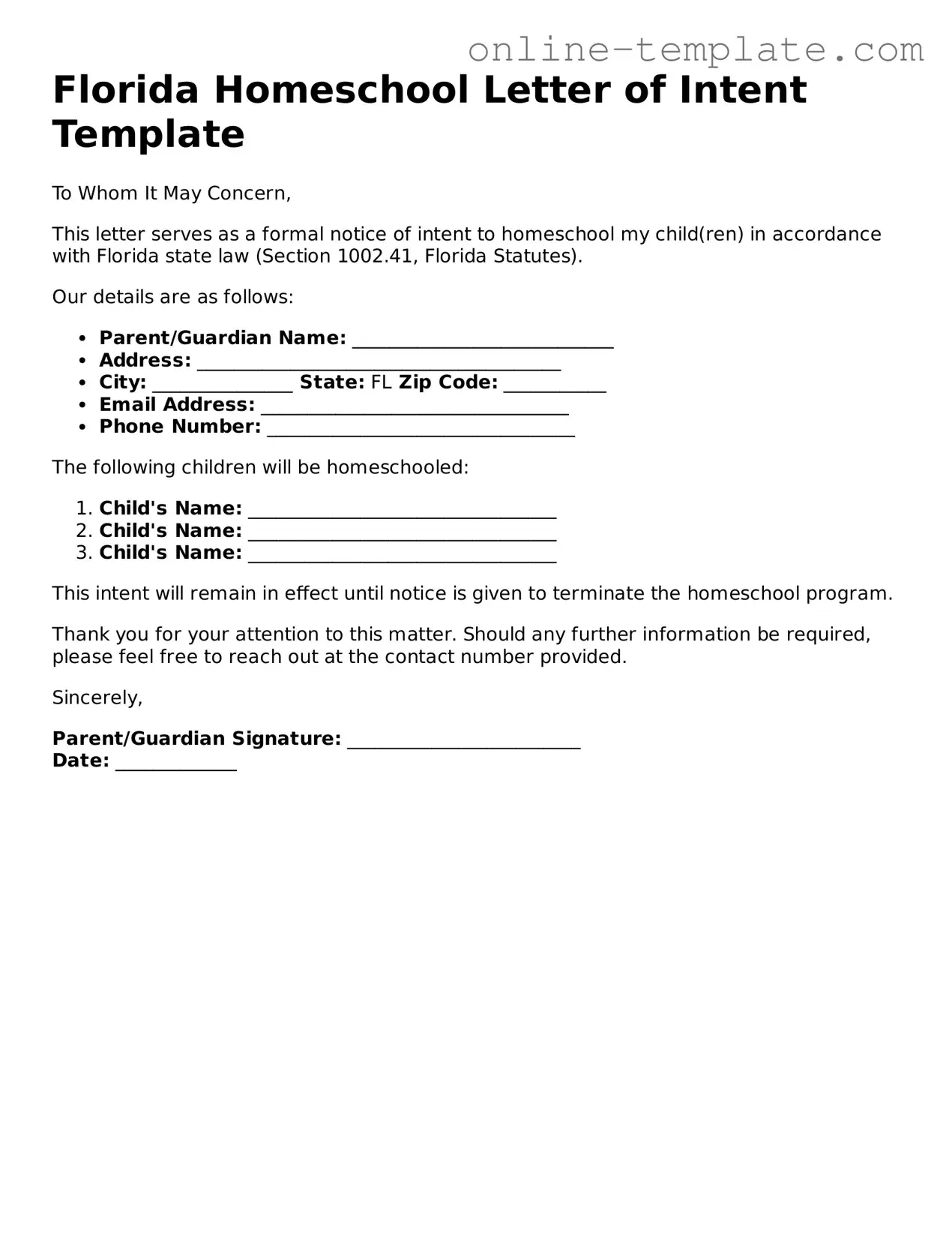 Attorney-Verified  Homeschool Letter of Intent Template for Florida