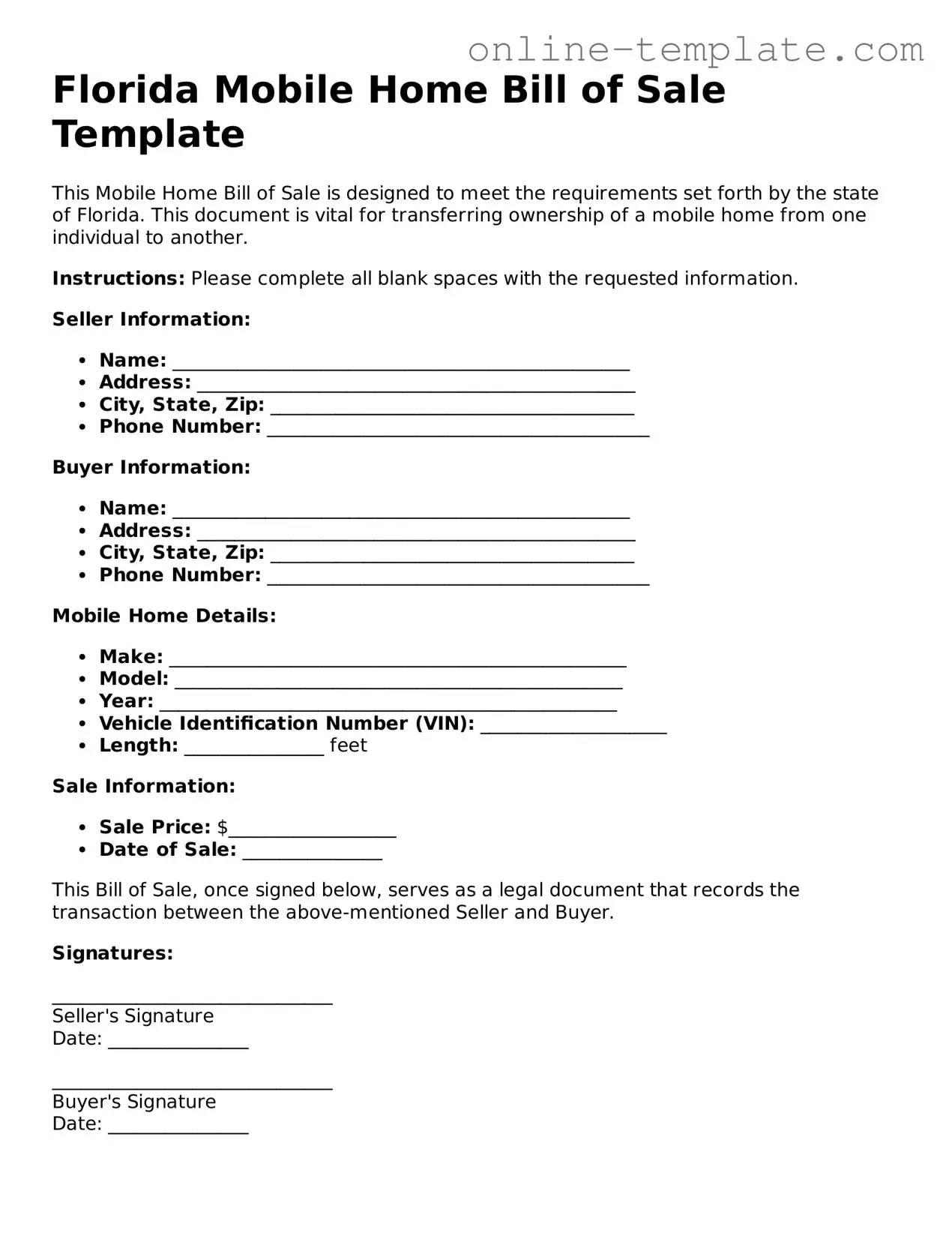 Attorney-Verified  Mobile Home Bill of Sale Template for Florida