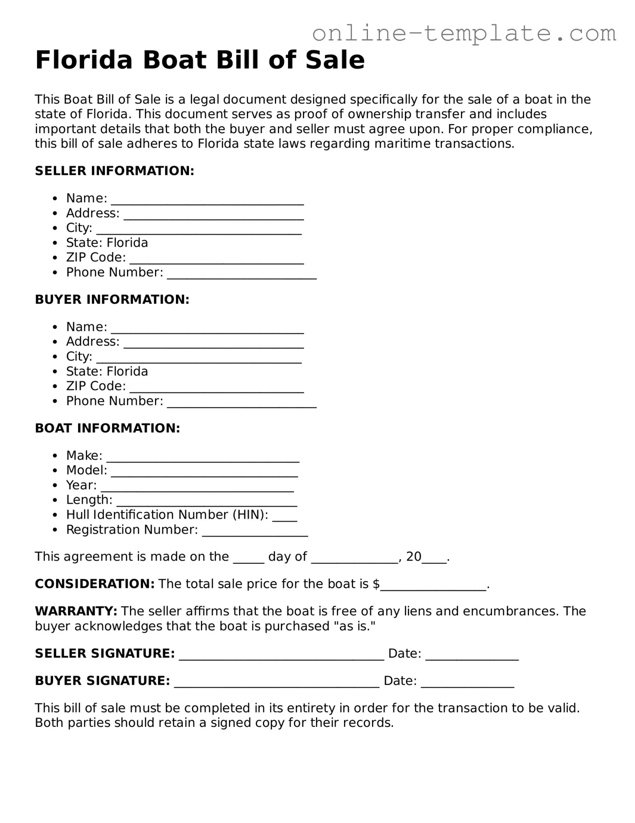 Attorney-Verified  Boat Bill of Sale Template for Florida