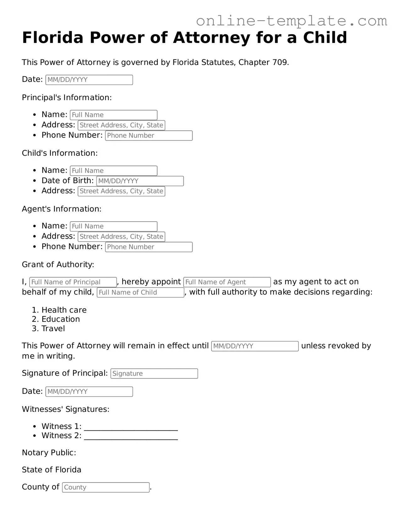 Attorney-Verified  Power of Attorney for a Child Template for Florida