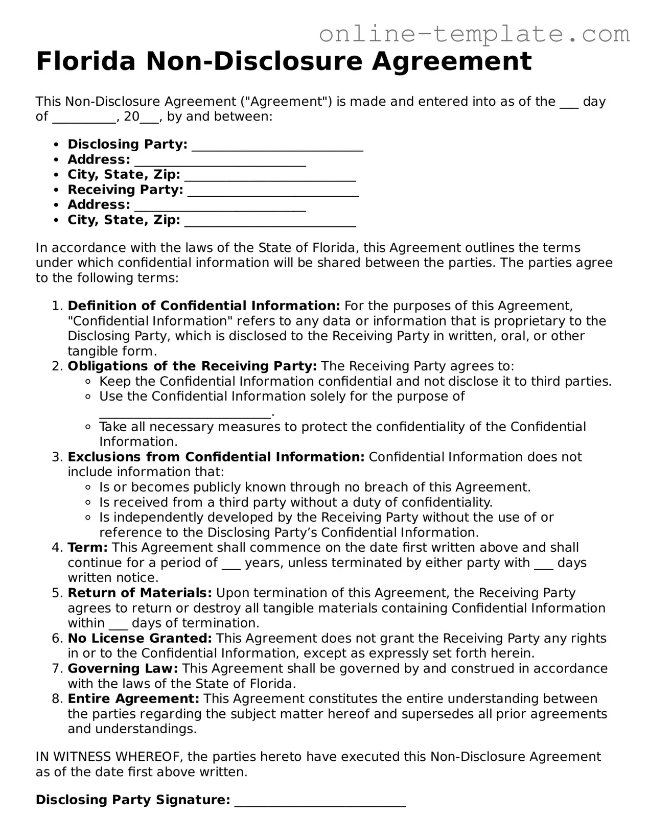 Attorney-Verified  Non-disclosure Agreement Template for Florida