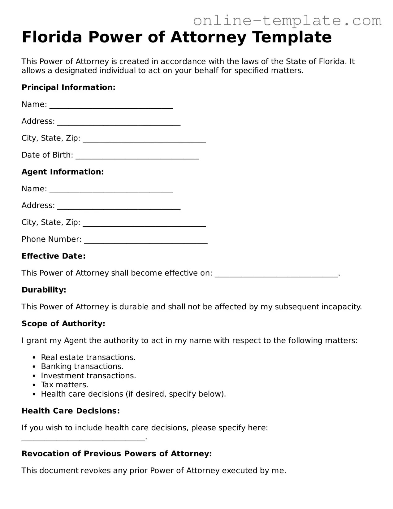 Attorney-Verified  Power of Attorney Template for Florida