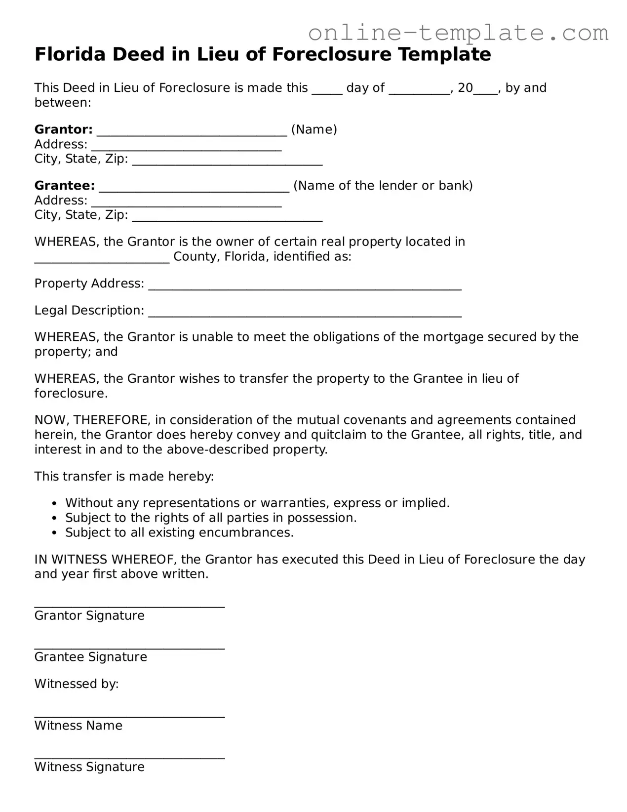 Attorney-Verified  Deed in Lieu of Foreclosure Template for Florida
