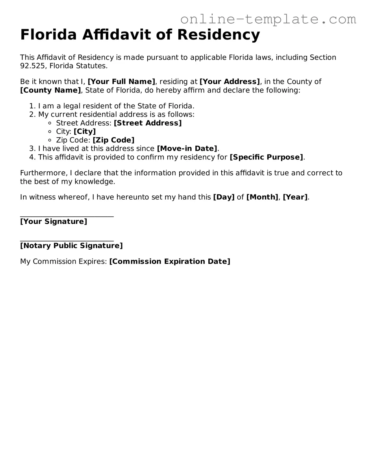 Attorney-Verified  Affidavit of Residency Template for Florida
