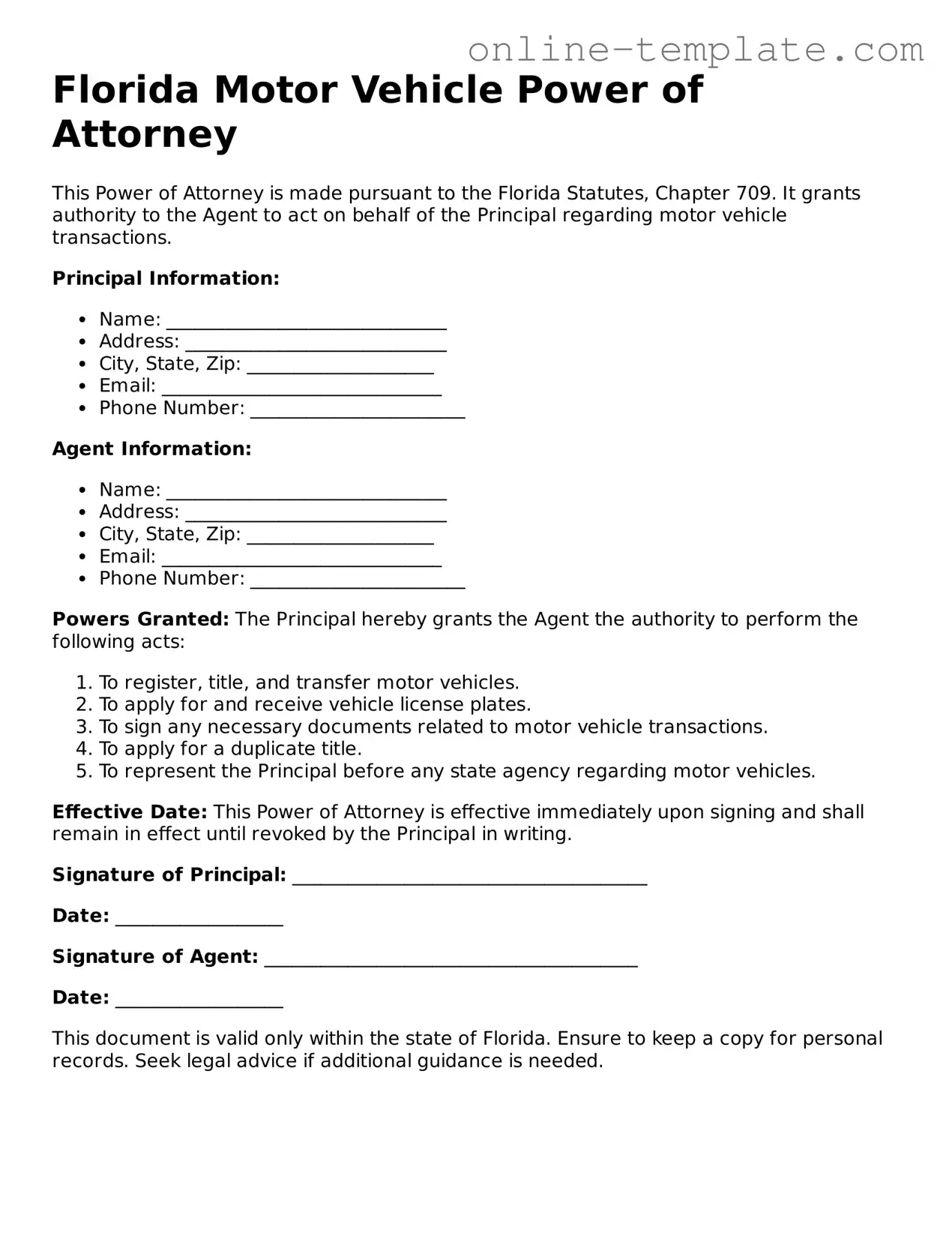 Attorney-Verified  Motor Vehicle Power of Attorney Template for Florida