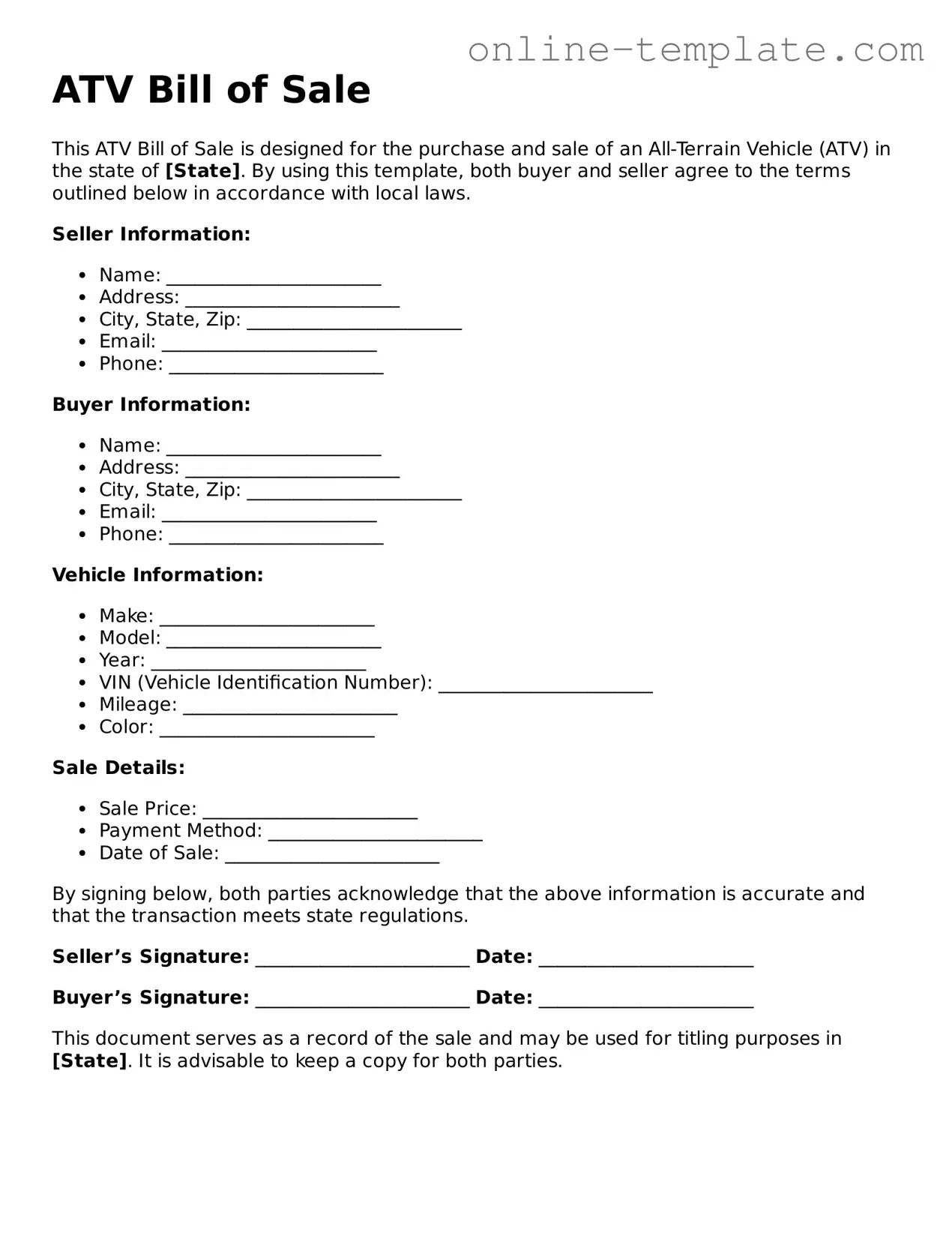 Official ATV Bill of Sale Template