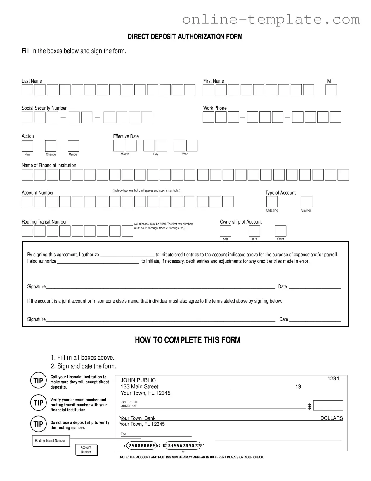Free Generic Direct Deposit PDF Template