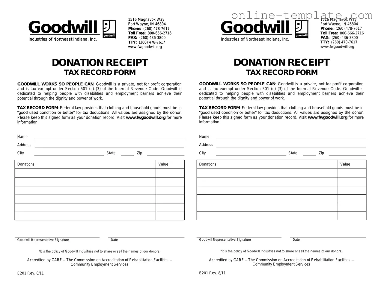 Free Goodwill donation receipt PDF Template