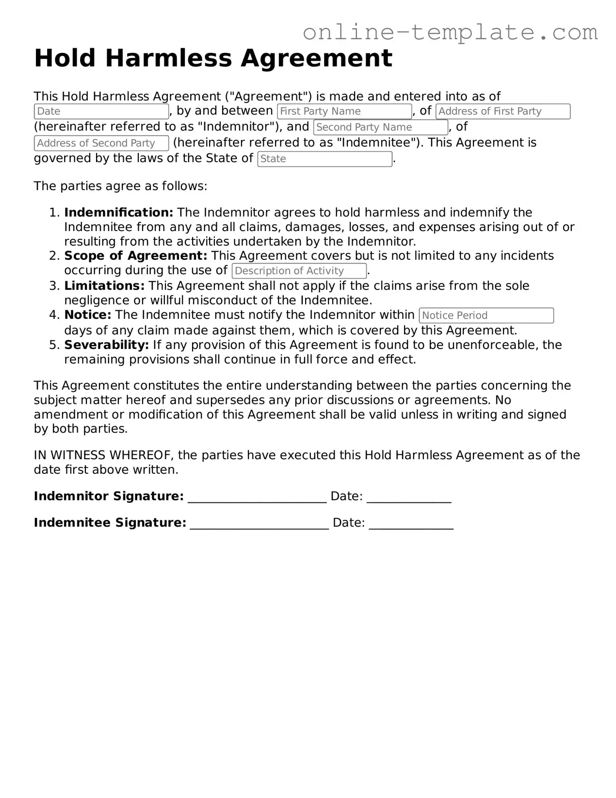 Official Hold Harmless Agreement Template