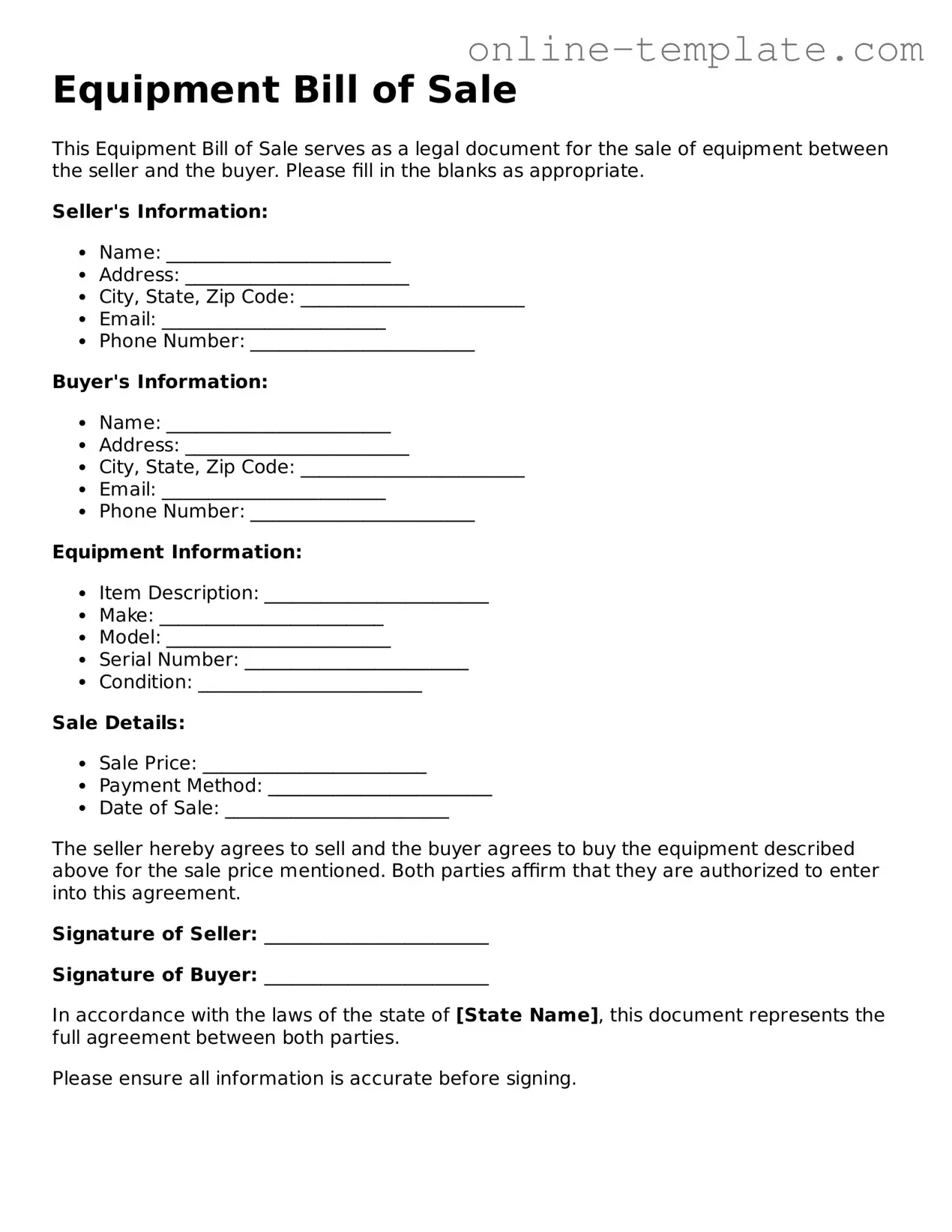 Official Equipment Bill of Sale Template