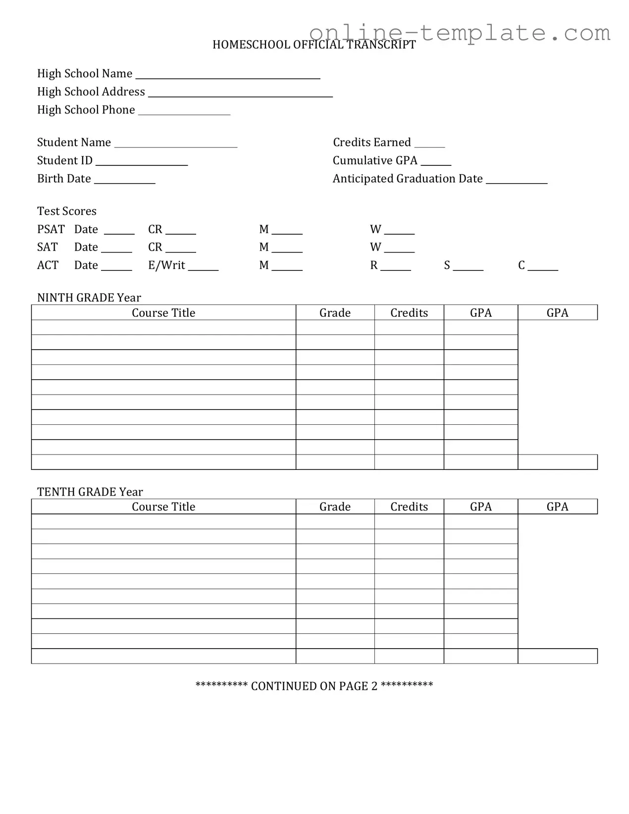 Free High School Transcript PDF Template