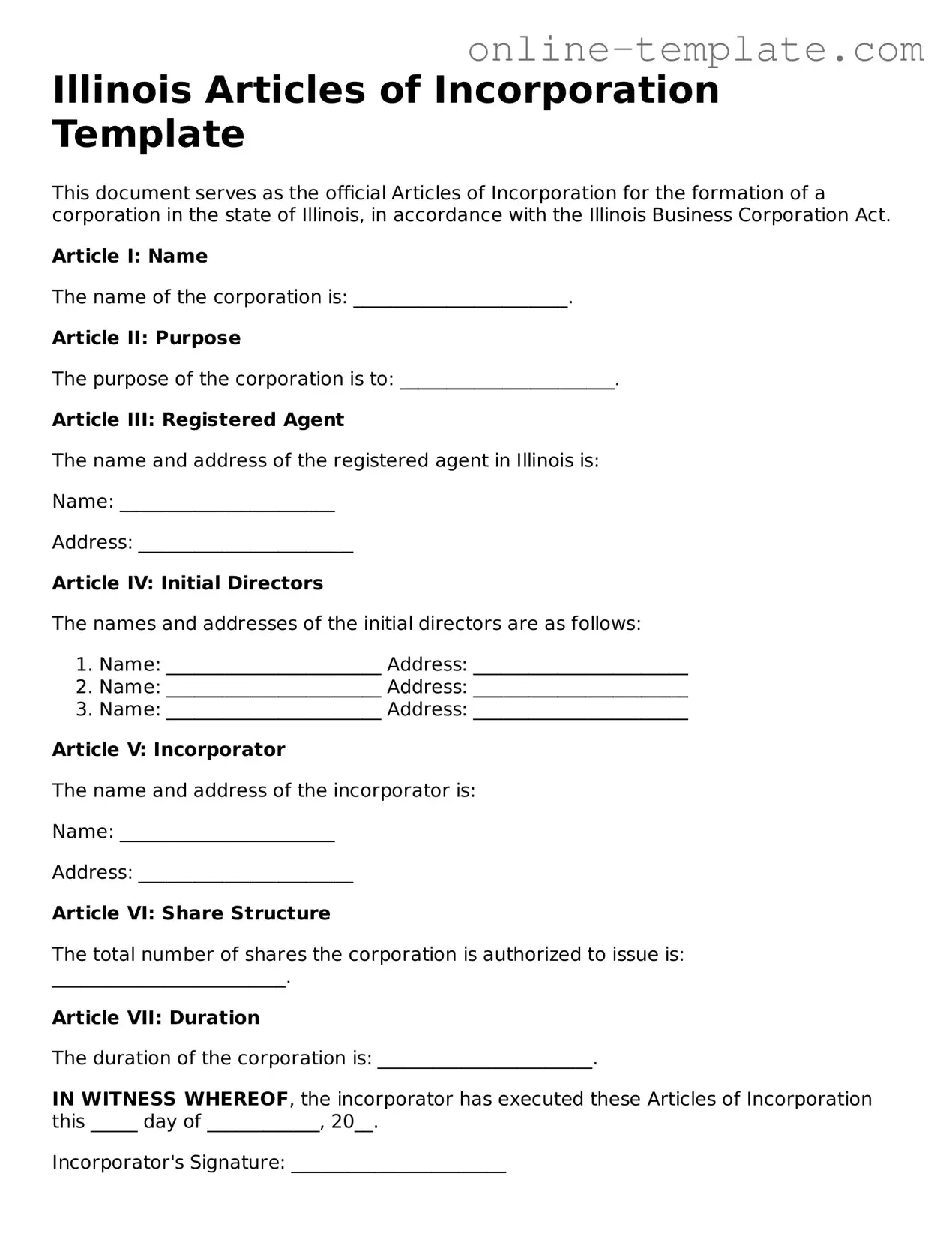 Attorney-Verified  Articles of Incorporation Template for Illinois