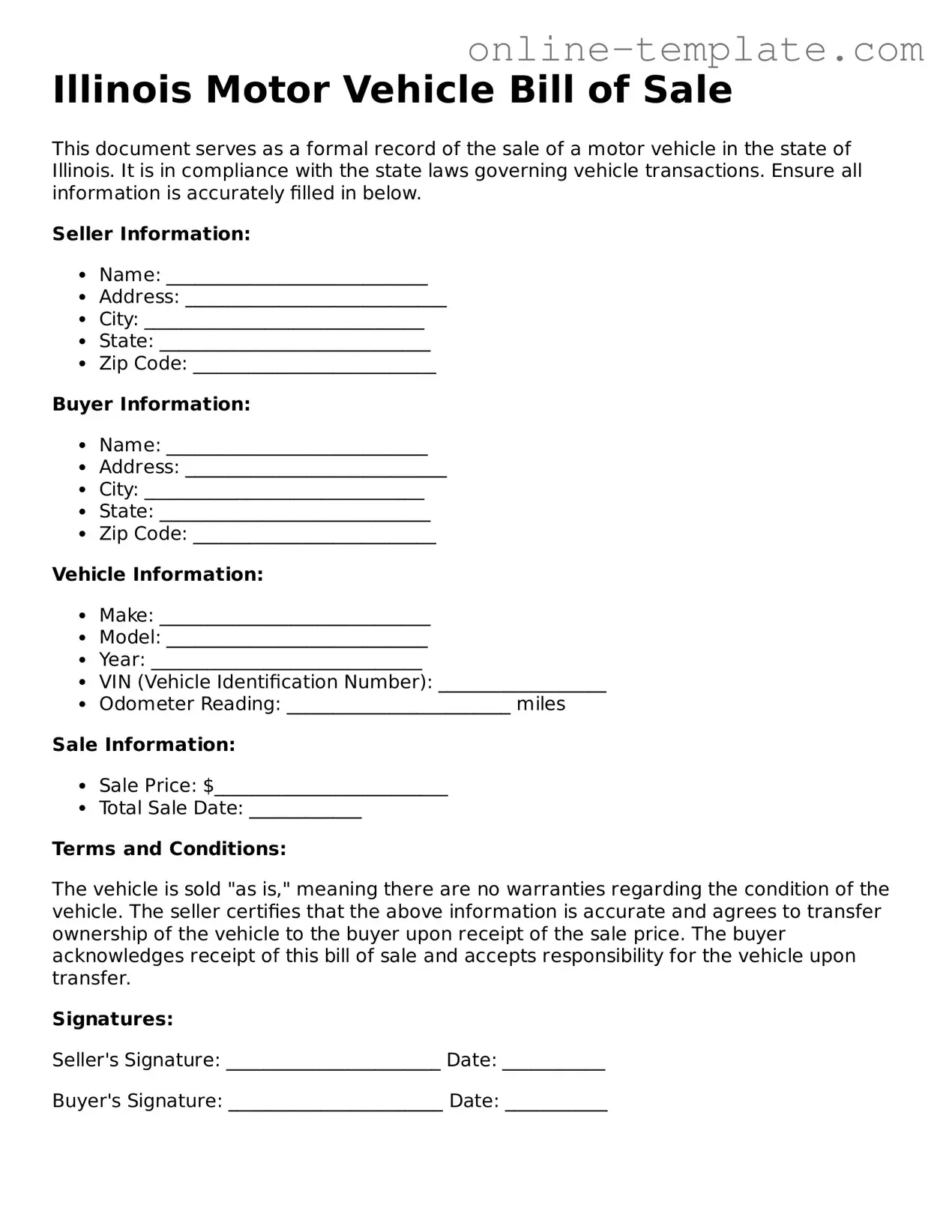 Attorney-Verified  Motor Vehicle Bill of Sale Template for Illinois
