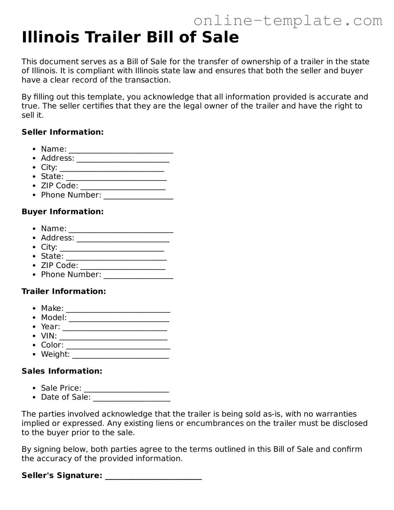 Attorney-Verified  Trailer Bill of Sale Template for Illinois
